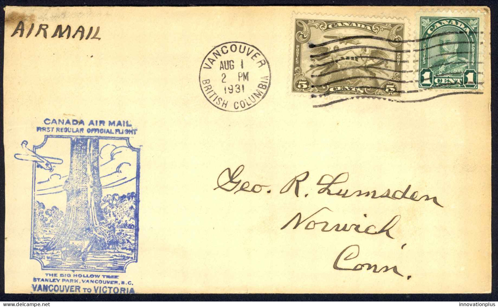 Canada Sc# C1, 163 First Flight Cover (b) (Vancouver,BC>Victoria, BC) 1931 8.1  - First Flight Covers