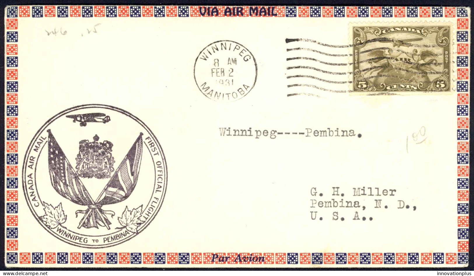 Canada Sc# C1 First Flight Cover (Winnipeg,Man>Pembina,ND) 1931 2.2  - Primeros Vuelos