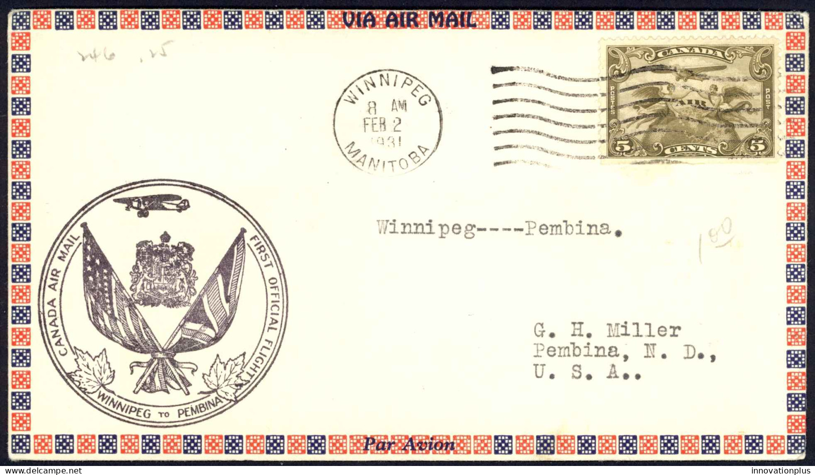 Canada Sc# C1 First Flight Cover (Winnipeg,Man>Pembina,ND) 1931 2.2  - First Flight Covers