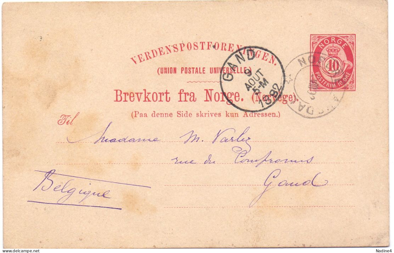 Briefkaart Carte Postale Brevkort - Norge Noorwegen Norvège - Stempel Cachet Gand  - 1892 - Interi Postali