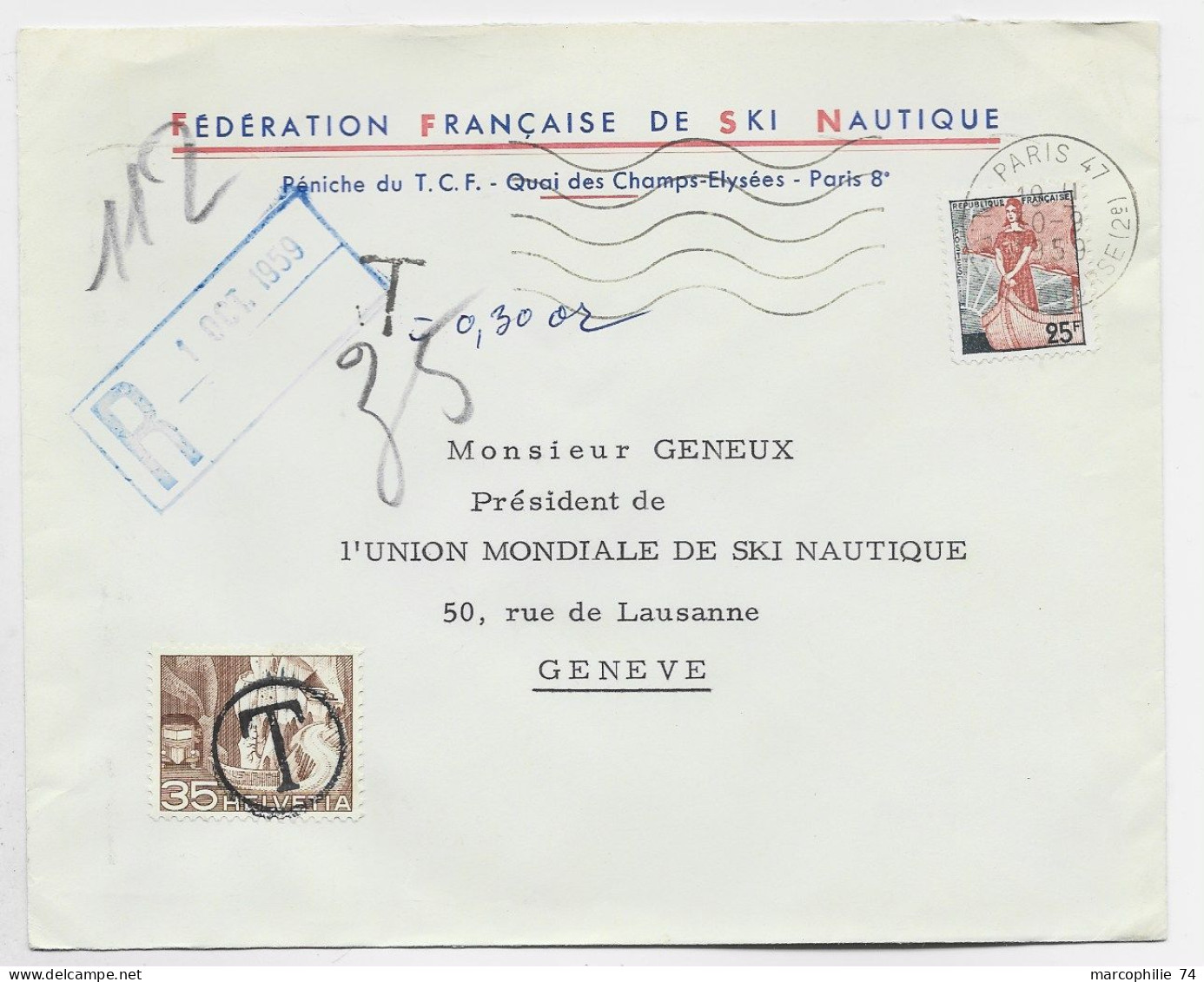 FRANCE LETTRE COVER ENTETE FEDERATION FRANCAISE DE SKI NAUTIQUE MARIANNE A LE NEF 25FR PARIS 1959 POUR SUISSE TAXE 35C - Waterski