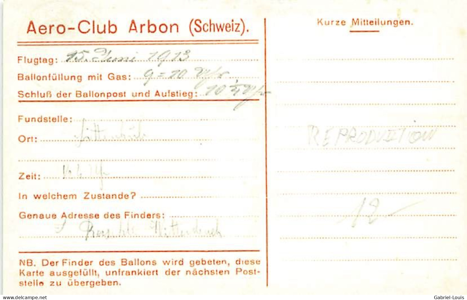 REPRODUCTION ! Aero-Club Arbon 1913 Mongolfière Ballon - Arbon
