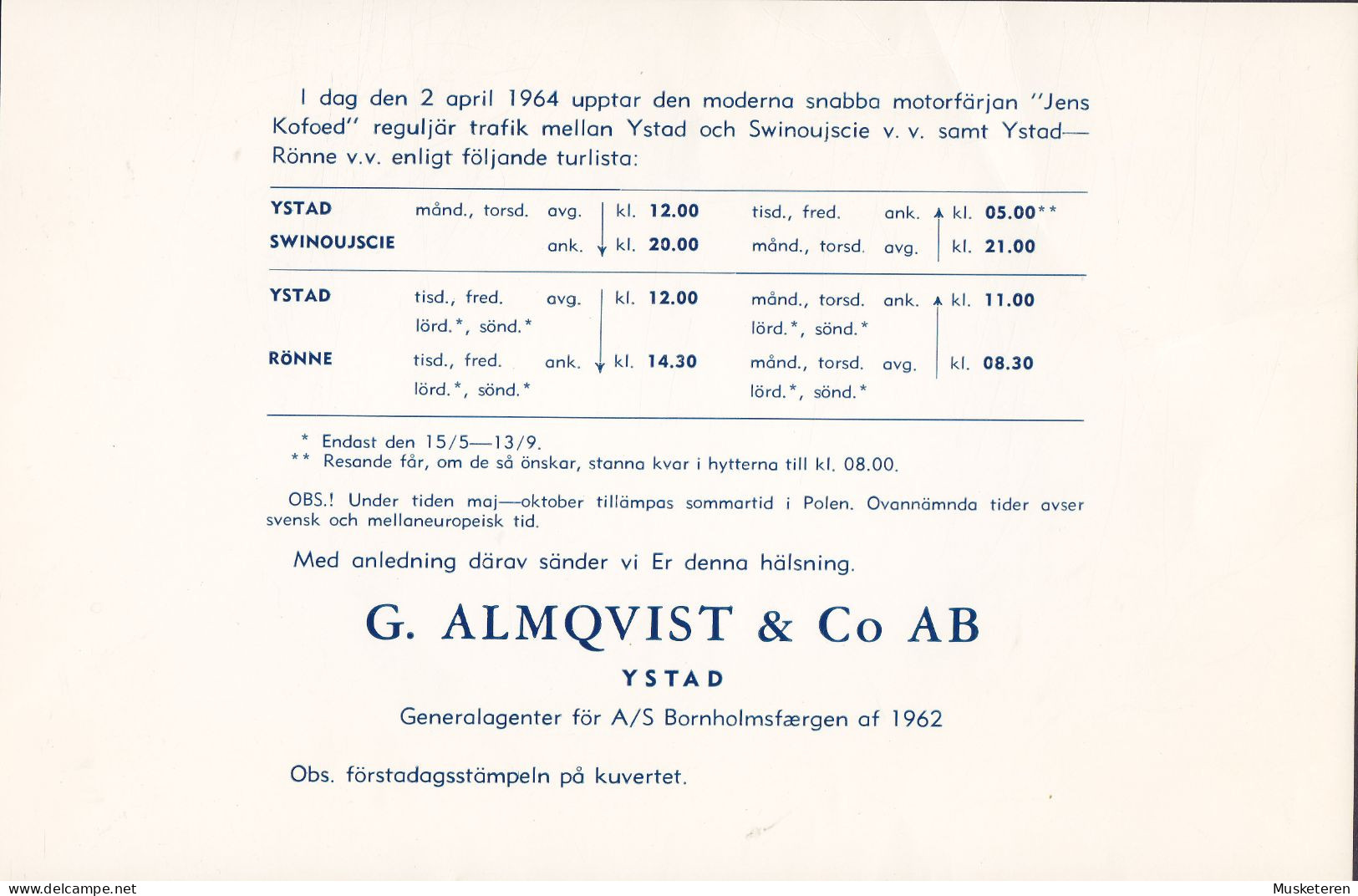 Sweden G. ALMQUIST & Co. Sonderstempel 'Nya Färjeleden Sverige - Polen' YSTAD 1964 FDC Cover M/S 'Jens Kofoed' (3 Scans) - Storia Postale
