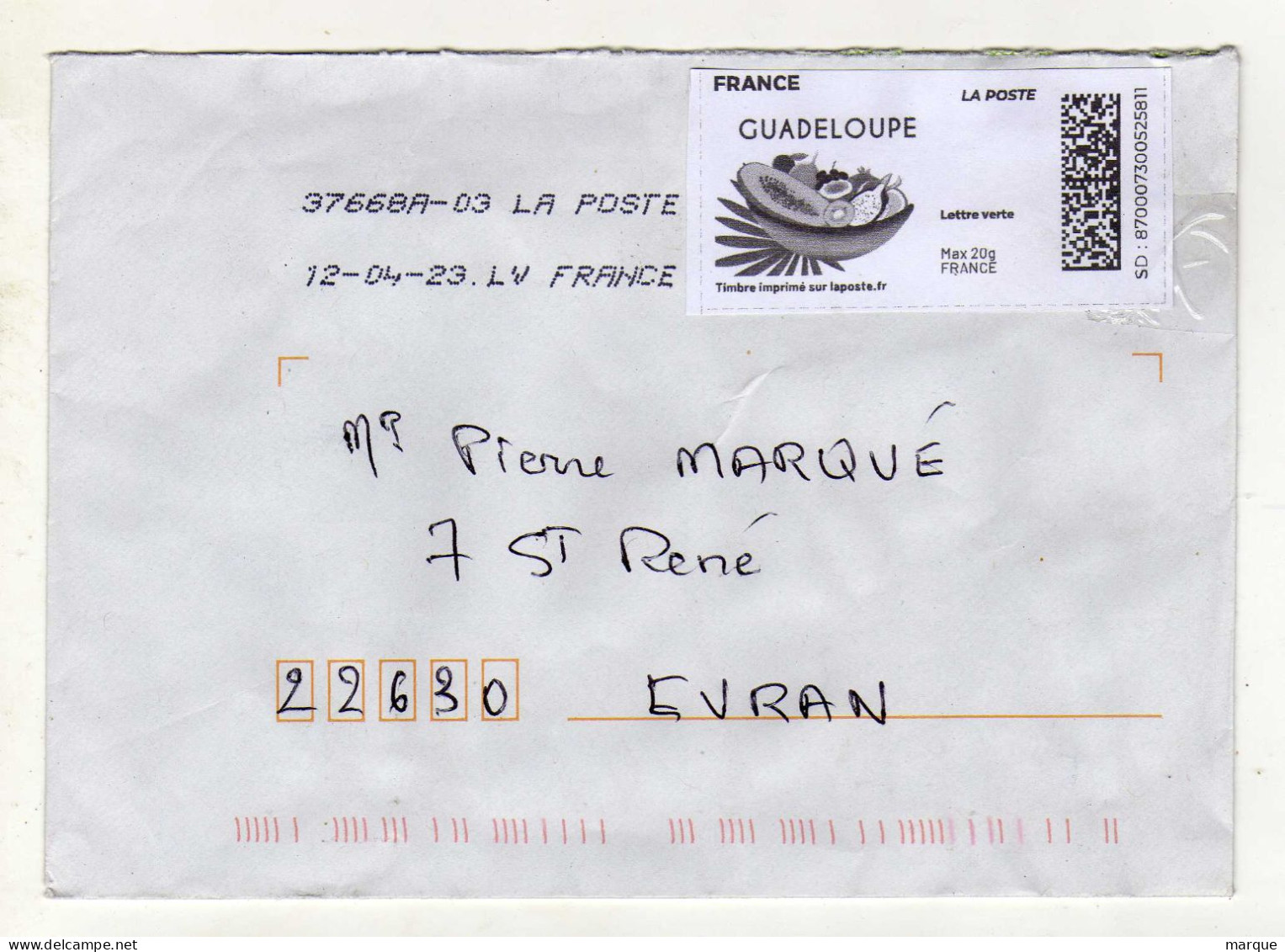 Enveloppe FRANCE Avec Vignette D' Affranchissement Lettre Verte Oblitération LA POSTE 37668A-03 12/04/2023 PR - 2010-... Vignette Illustrate