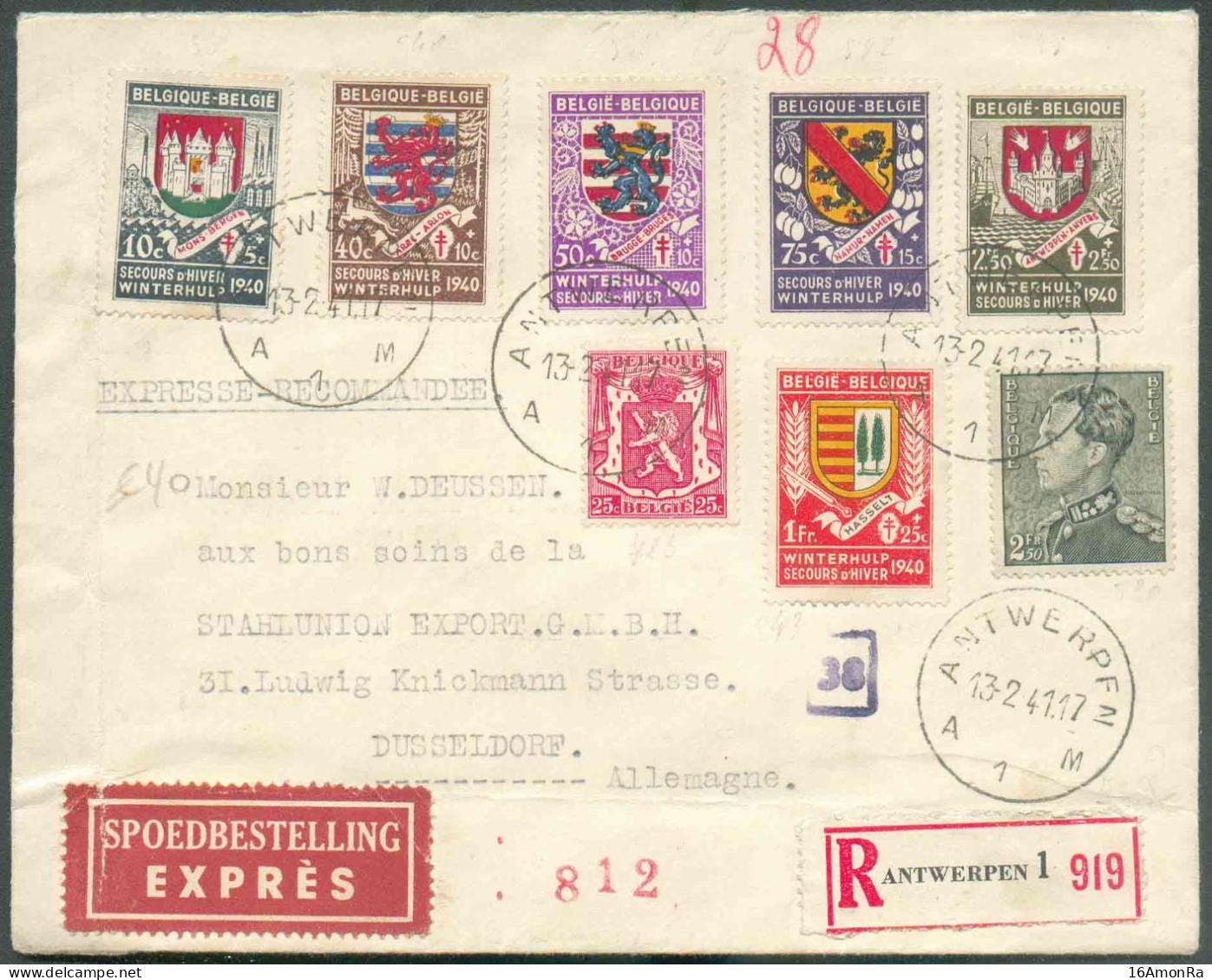 N°425-530-538-540/3-545 Obl. Sc ANTWERPEN 1 Sur Enveloppe Recommandée Et Exprès (Etiq.) Du 13-2-1941 Vers Dusseldorf + B - Cartas & Documentos