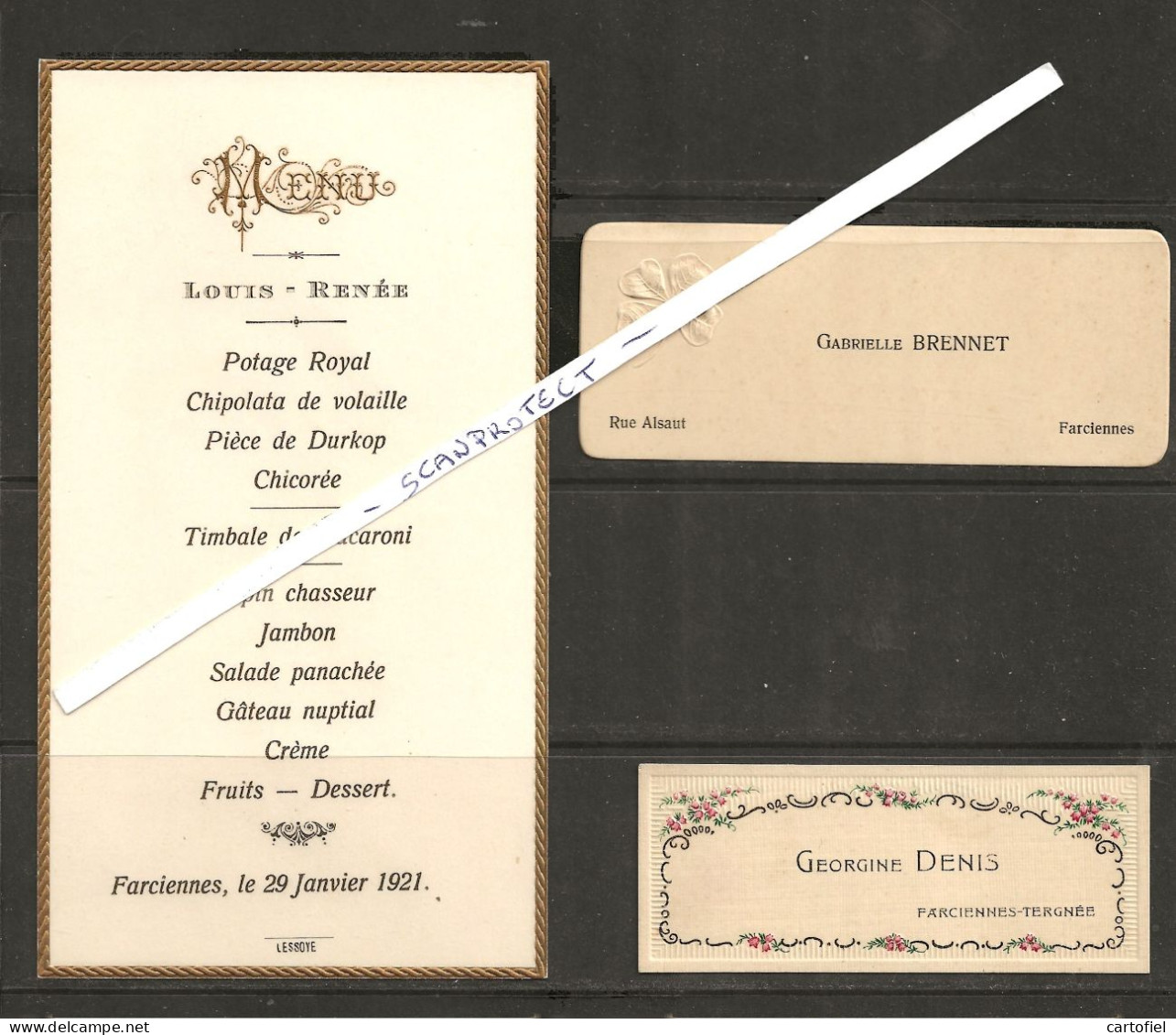 FARCIENNES-TERGNEE-MENU-1921-LESSOYE+2 CARTES DE VISITE-FLEURS-GAUFREE-ANCIENS DOCUMENTS CONSERVEE EN ETAT NEUVE-RARE - Farciennes