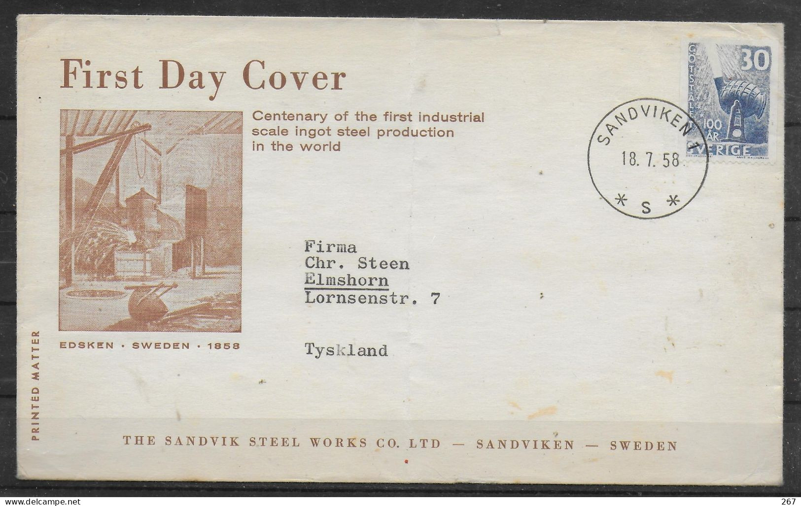 SUEDE  Lettre FDC 1958 Acier Siderurgie - Usines & Industries