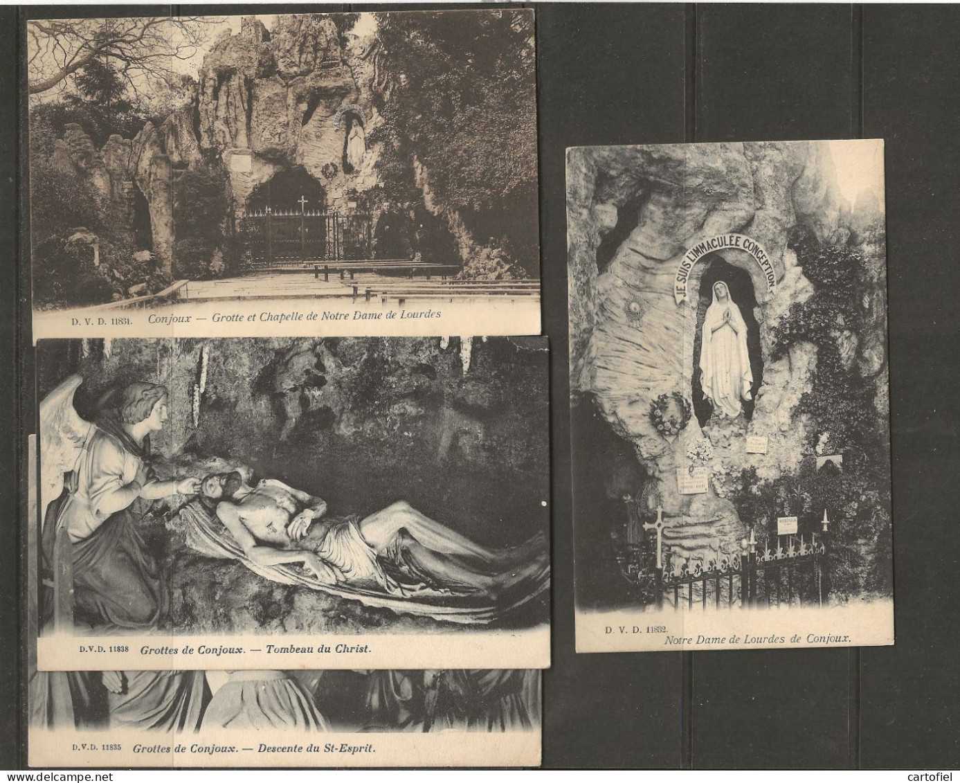 CONJOUX-GROTTE+CHAPELLE-NOTRE DAME DE LOURDES-LOT DE 4 CARTES-D.V.D.-PAS ENVOYEE-VOYEZ LES 2 SCANS-RARE+PETIT PRIX! ! ! - Ciney