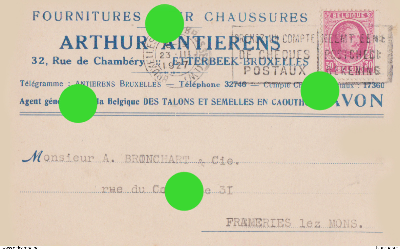 Etterbeek Bruxelles 1927 ARTHUR ANTIERENS Fournitures Pour Chaussures Semelles Talons  Caoutchouc  Carte Correspondance - Petits Métiers