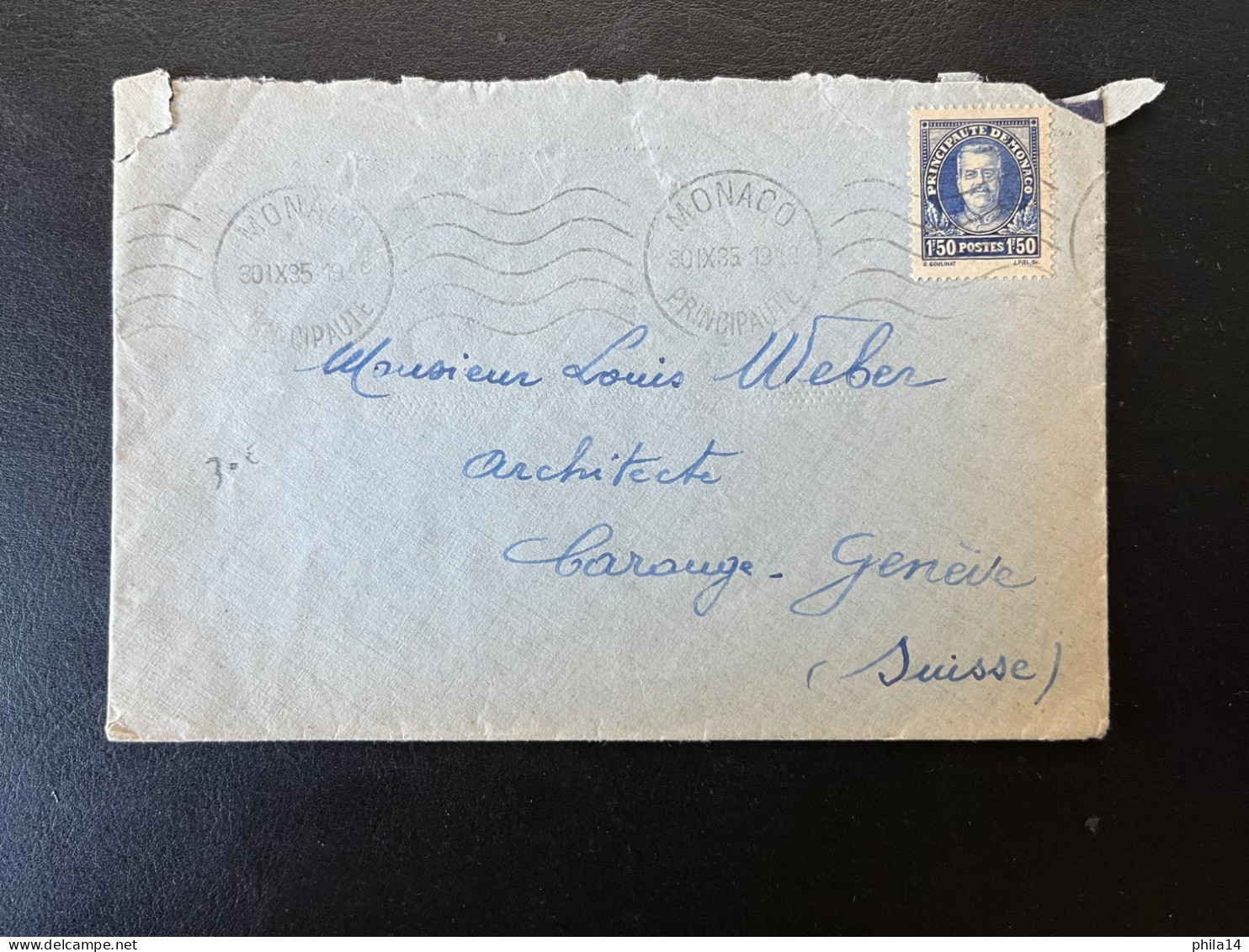 ENVELOPPE MONACO 1935 / POUR CAROUGE GENEVE SUISSE - Lettres & Documents