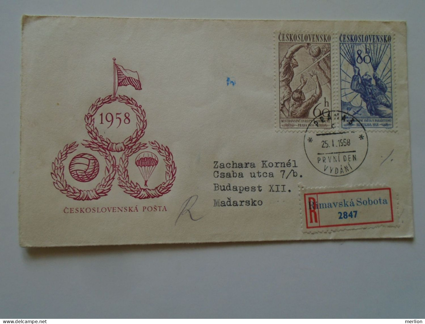 D196958  Czechoslovakia Rimavska Sobota   Registered  FDC Praha Sport   1958   Volleyball Parachutting   To Hungary - Paracadutismo