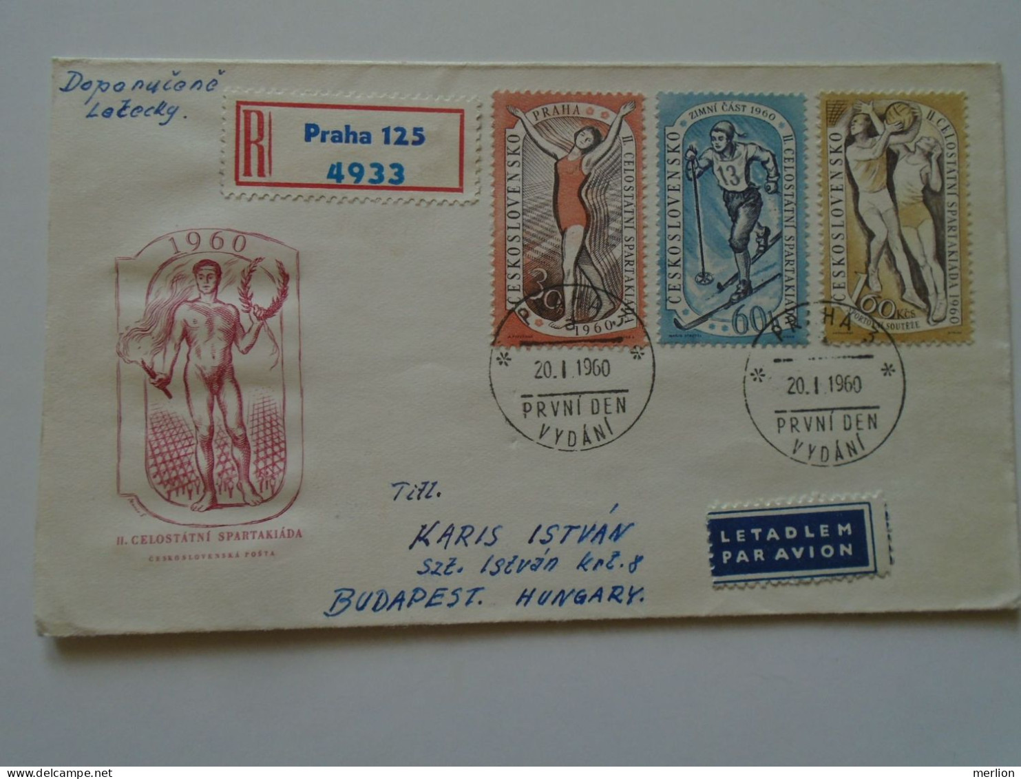 D196960  Czechoslovakia   Registered Airmail FDC Praha Sport  Spartakiada 1960  Handball Ski  To Hungary - Hand-Ball