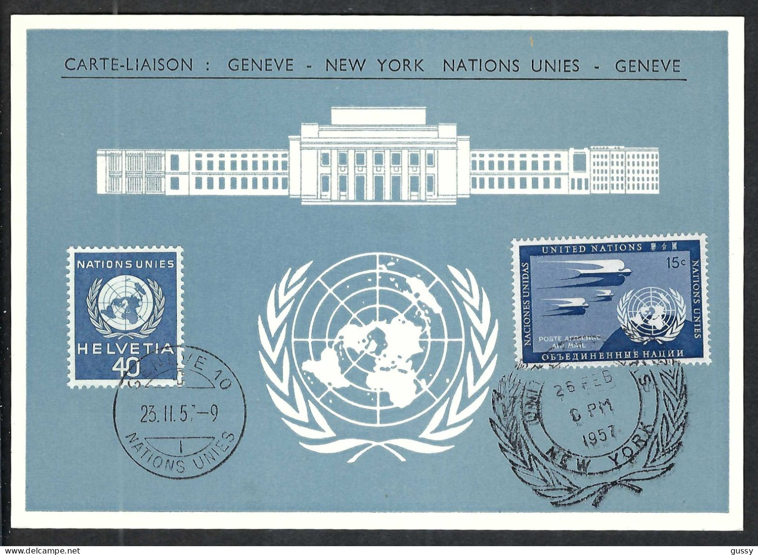 NATIONS UNIES N.Y. Et GE 1957: CP Ill. "Bât. ONU Genève" - Brieven En Documenten