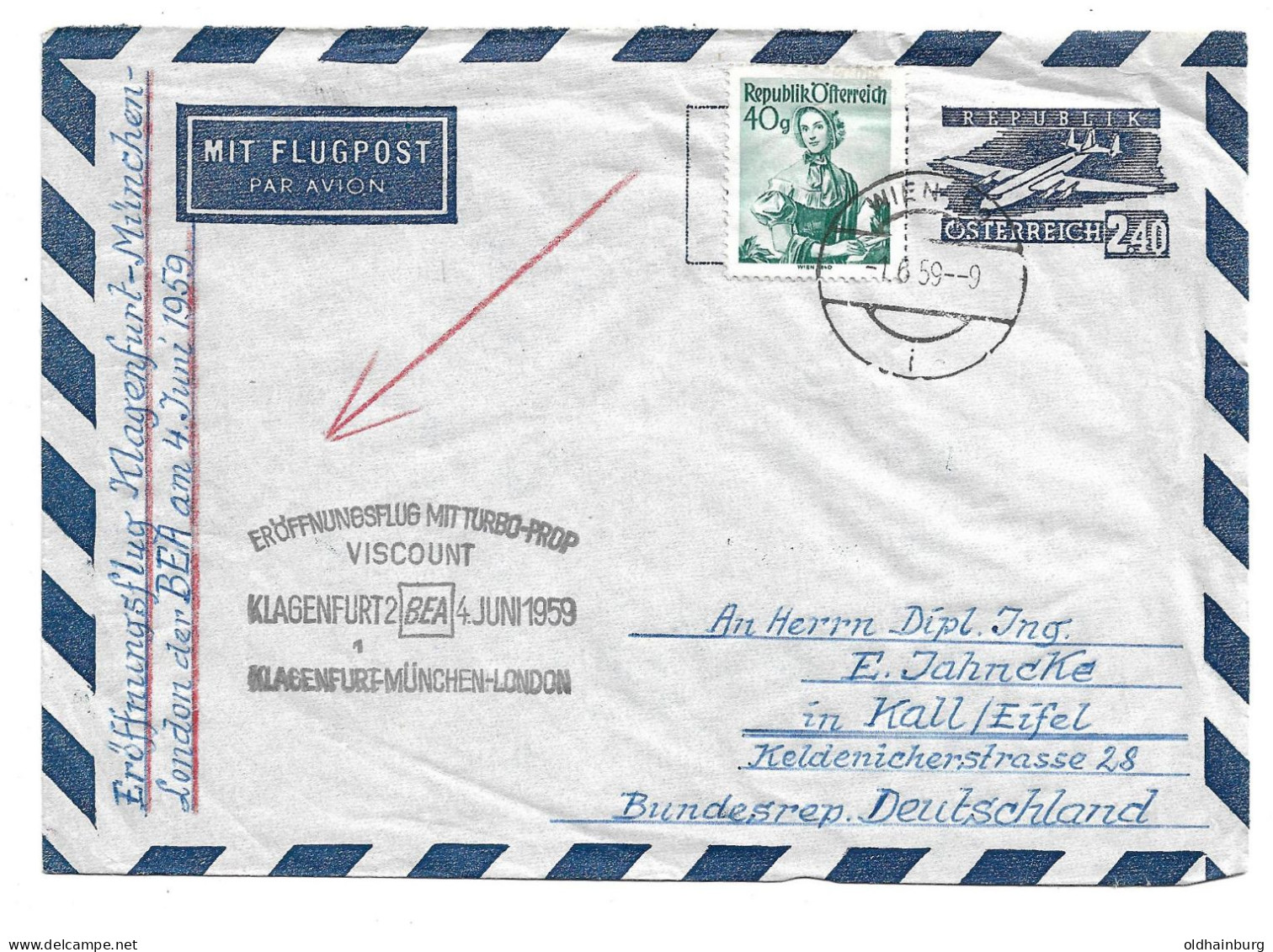 2206d: Aerogramm ANK 5a (40.- €) Erstflug Turbo- Prop Viscount 4.6.1959 - Enveloppes