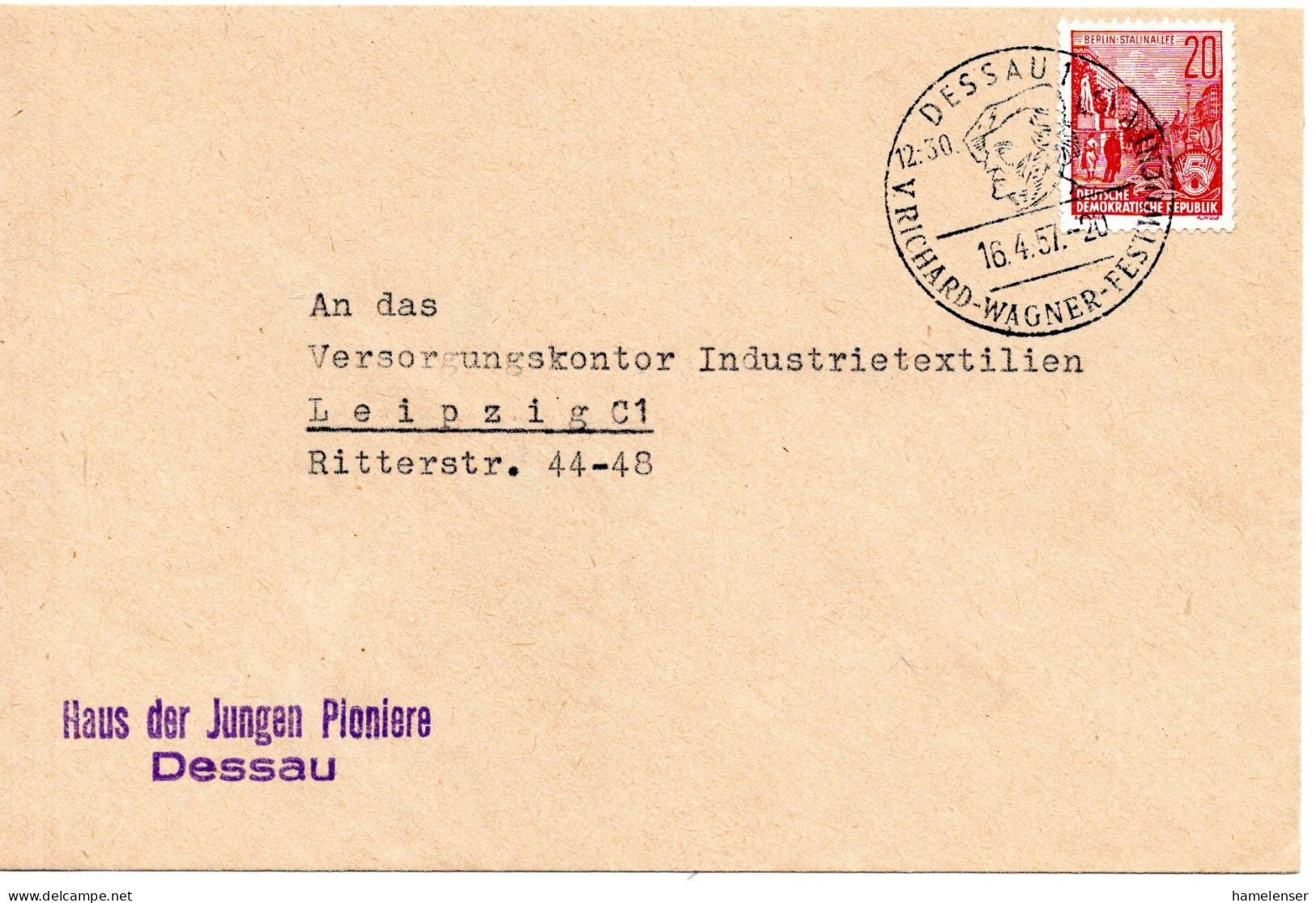 59099 - DDR - 1957 - 20Pfg Fuenfjahrplan EF A Bf DESSAU - V.RICHARD-WAGNER-FESTWOCHE -> Leipzig - Music