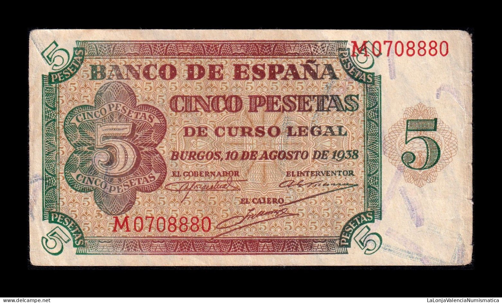 España Spain 5 Pesetas Burgos 1938 Pick 110 Serie M Mbc Vf - 5 Peseten