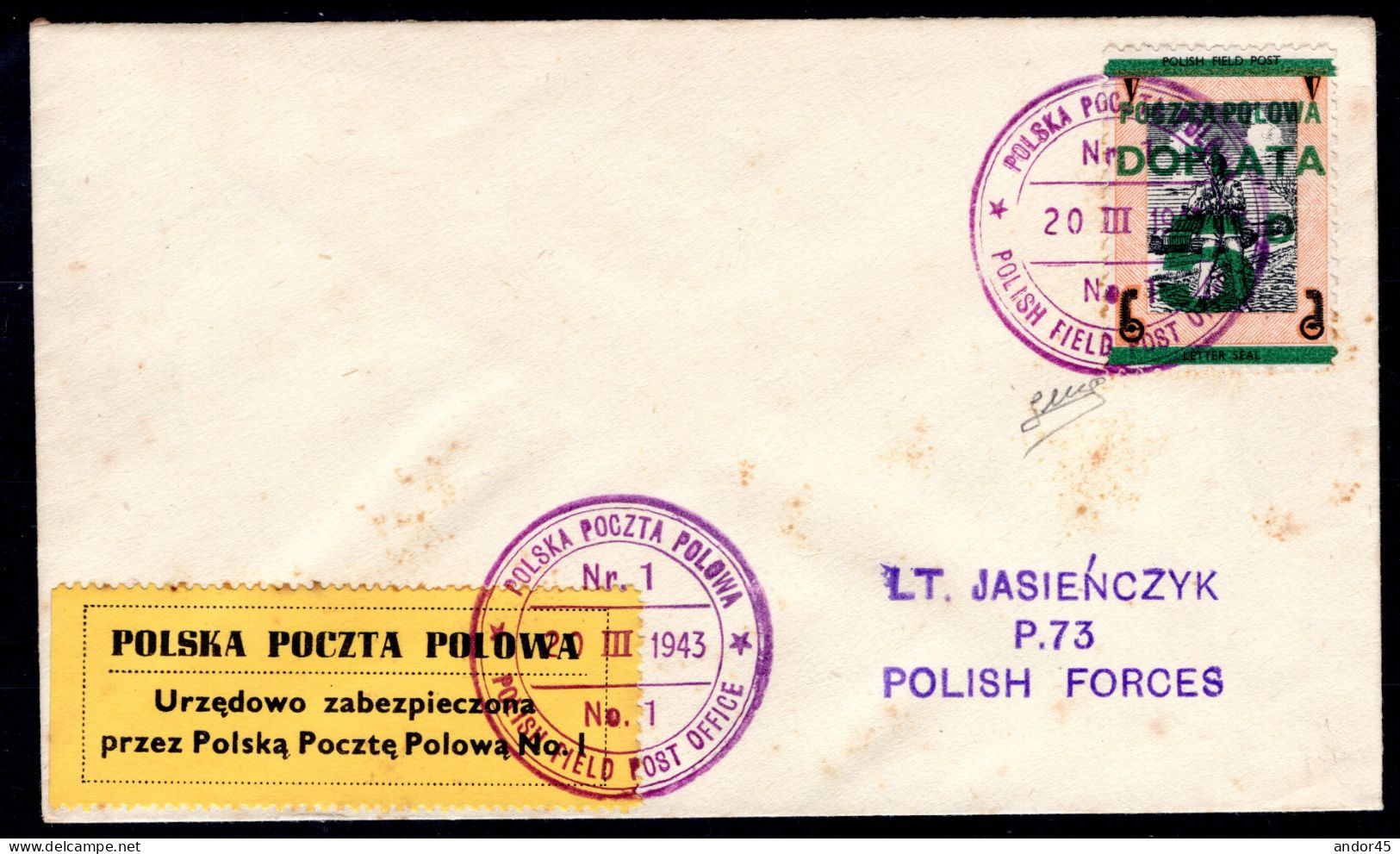 1943 20 MAR LETTERA PER IL CORPO POLACCO P.73 PROBABILMENTE NON AFFRANCATA E TASSATA CON UN SEGNATASSE POLACCO DA 5 DOPL - 1946-47 Période Corpo Polacco