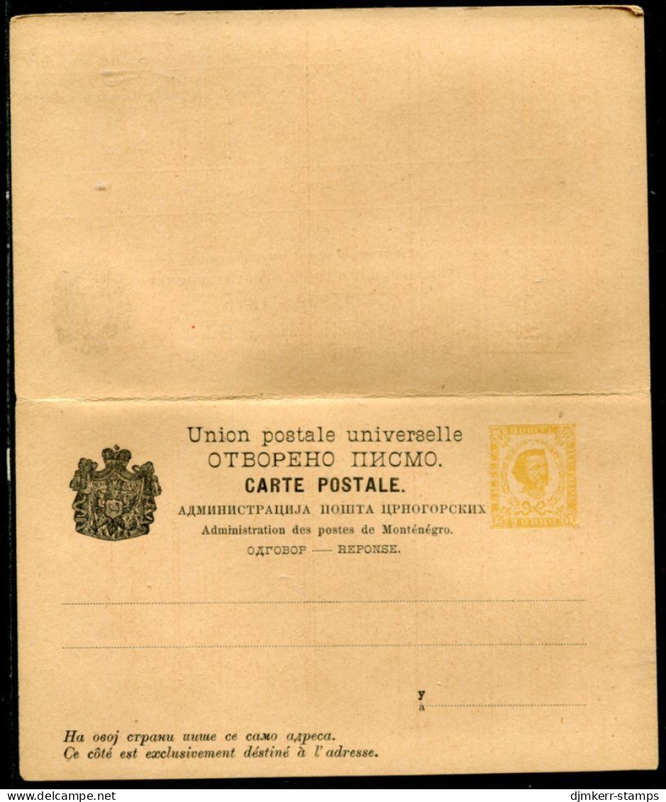 MONTENEGRO 1892 Prince Nikola  2 Nkr.reply-paid Card, Unused.  Michel P10  Stamp In Ochre Shade - Montenegro