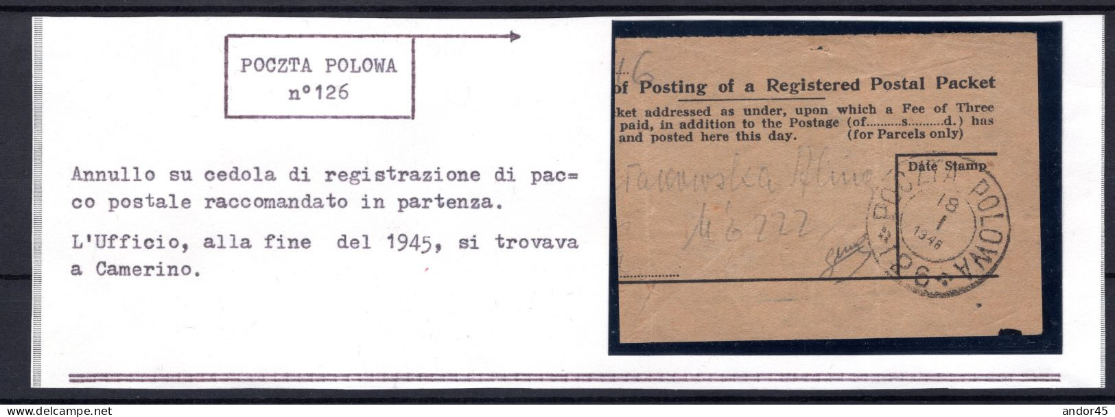 1946 18 GEN CEDOLA DI REGISTRAZIONE DI PACCO POSTALE RACCOMANDATO IN PARTENZA DALLA POSTA MILITARE POLACCA N.126 FIRMA B - 1946-47 Zeitraum Corpo Polacco