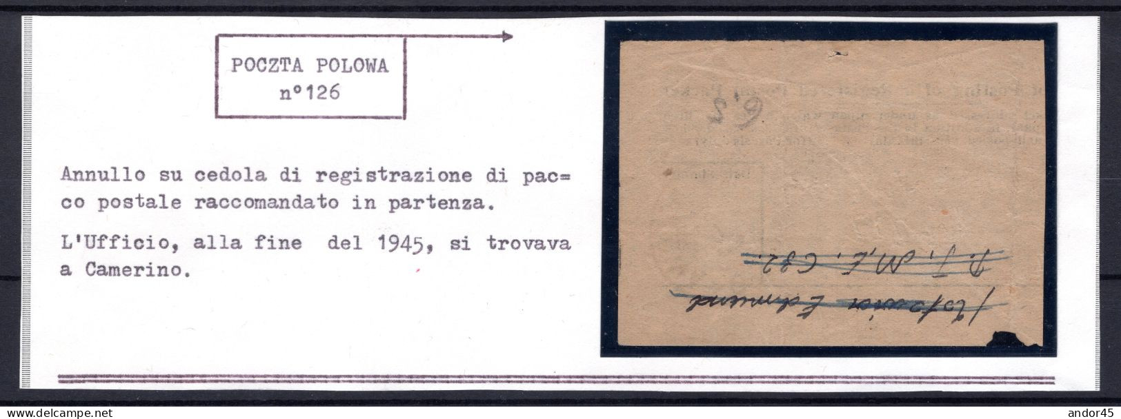 1946 18 GEN CEDOLA DI REGISTRAZIONE DI PACCO POSTALE RACCOMANDATO IN PARTENZA DALLA POSTA MILITARE POLACCA N.126 FIRMA B - 1946-47 Corpo Polacco