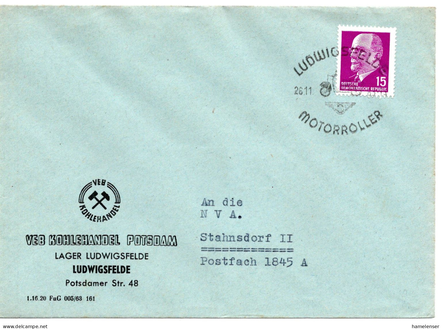 59123 - DDR - 1963 - 15Pfg Ulbricht EF A WirtschDrucksBf LUDWIGSFELDE - MOTORROLLER -> Stahnsdorf - Motorfietsen