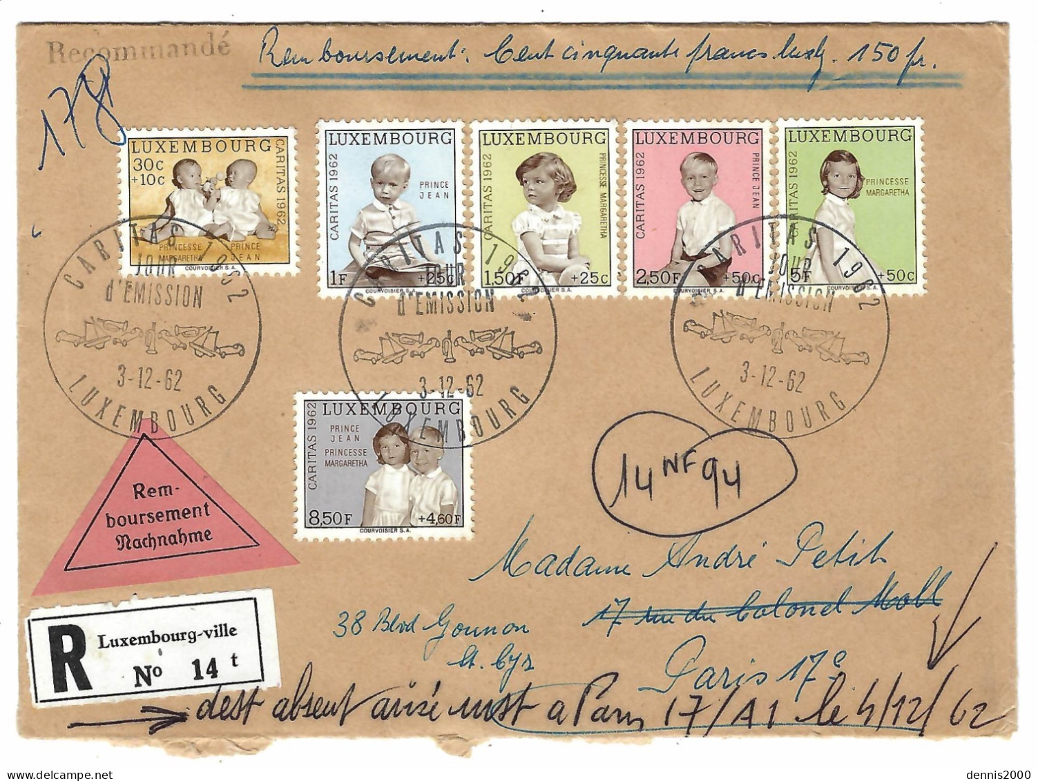 1962 - Enveloppe RECC. Remboursement 150 F  - Affr. Série Caritas 1962 - 1er Jour D'émission - Storia Postale