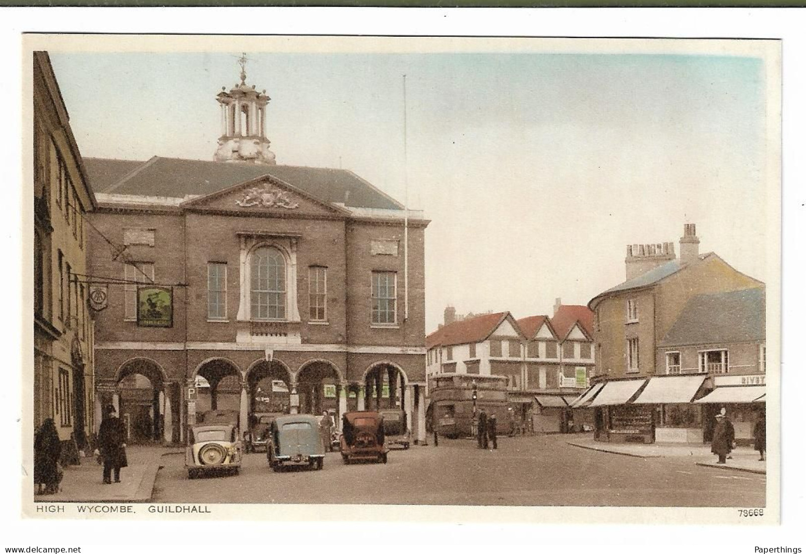 Photochrom Colour Postcard, Buckinghamshire, High Wycombe, Guildhall, Policeman, Car, Street, Road. - Buckinghamshire