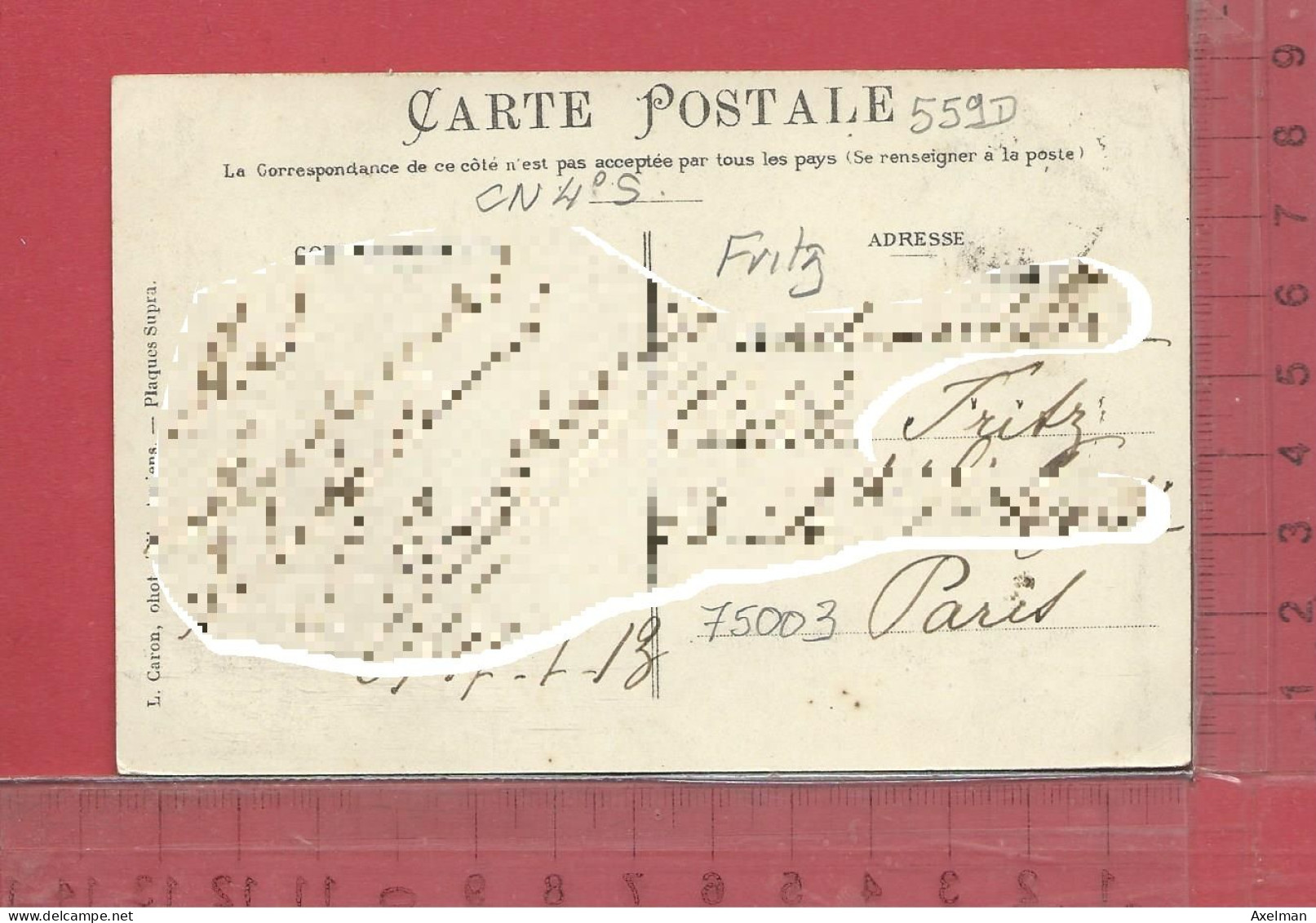CARTE NOMINATIVE :  FRITZ  à  75003  Paris - Genealogia