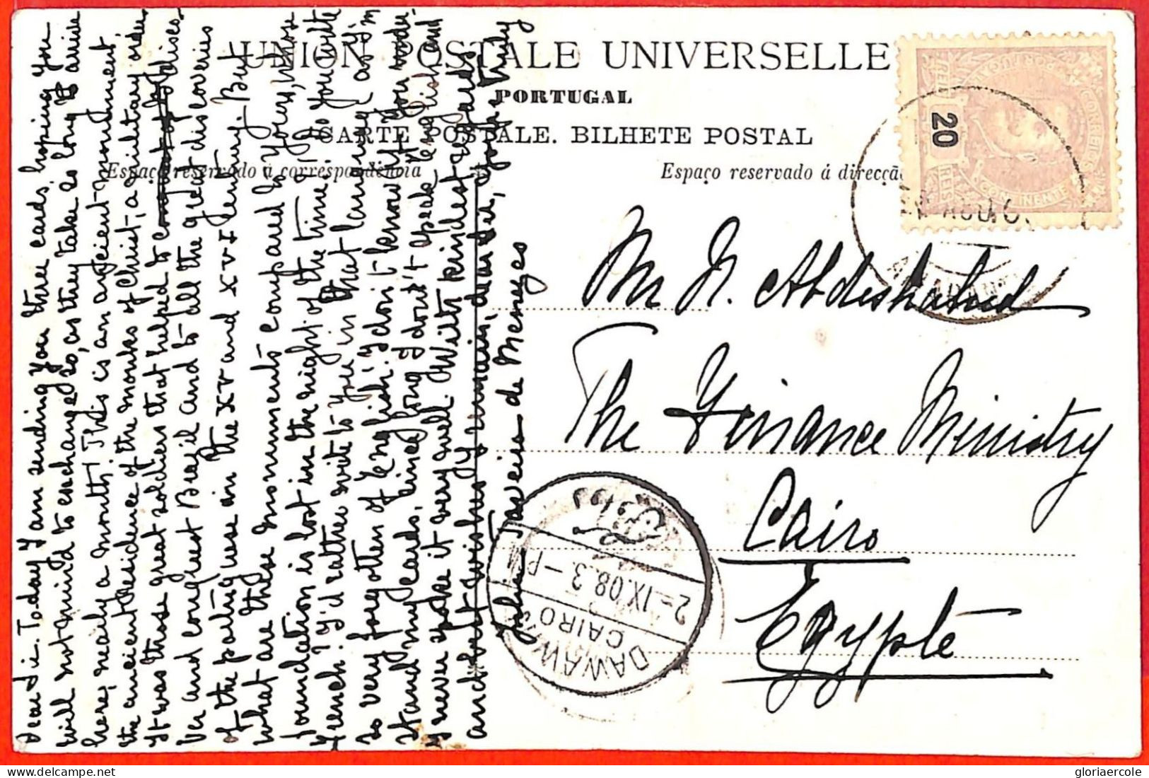 Aa1836 - PORTUGAL - Postal History - POSTCARD To EGYPT Cairo 1908 - Lettres & Documents