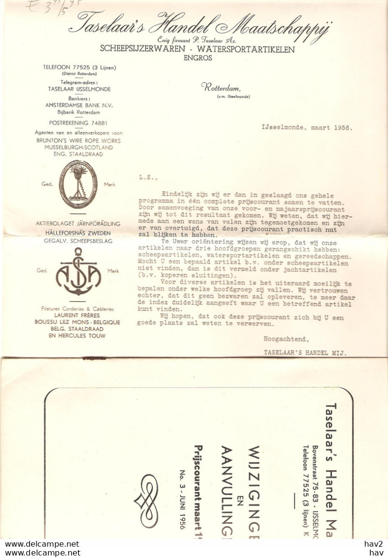 Rotterdam Taselaar Briefhoofd En Prijs 1956 KE4897 - Netherlands