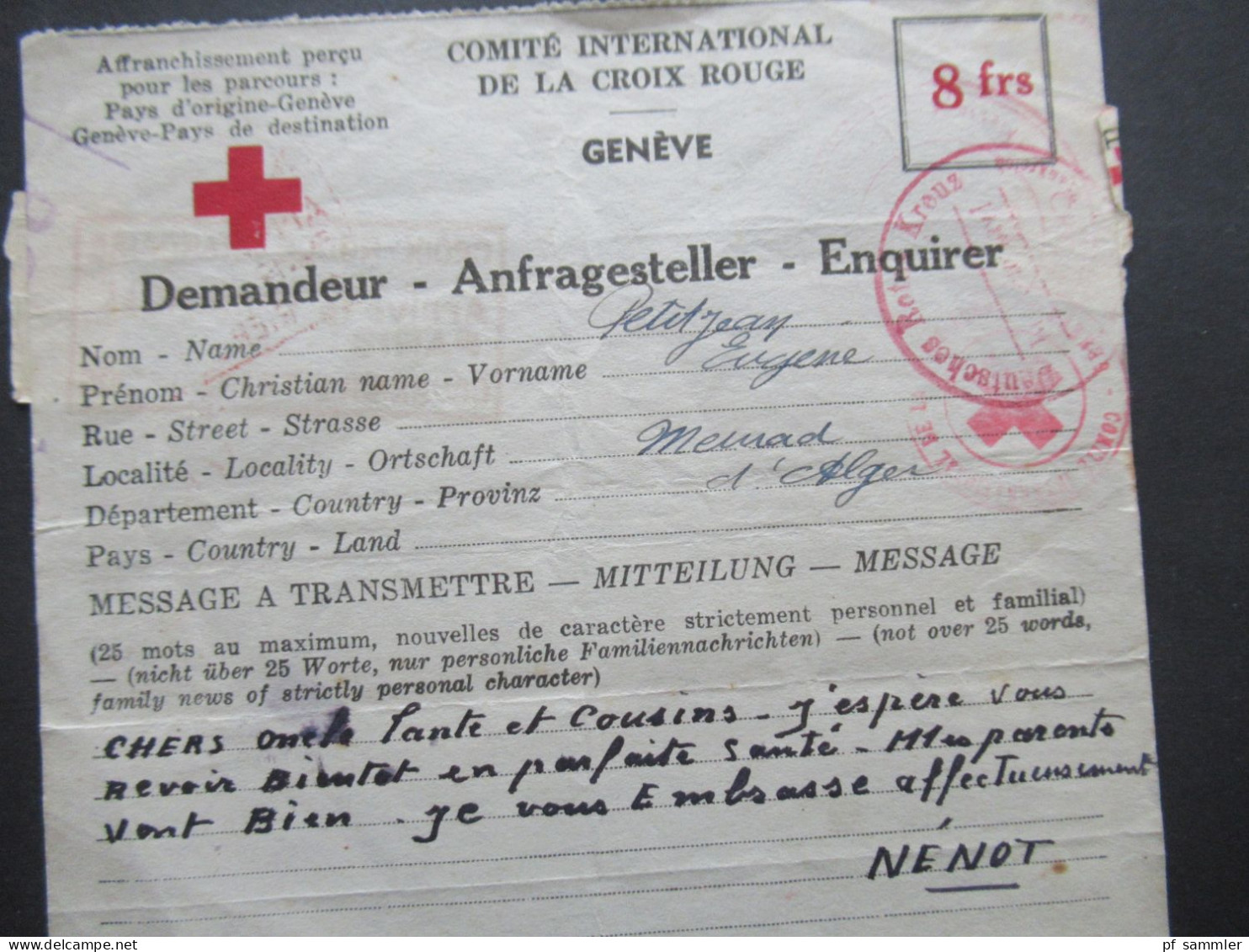 Frankreich 1944 Croix Rouge Geneve (schweiz) Anfragesteller / Demandeur / Verbleib In Algerien / Alger ?! Alger- Creteil - Briefe U. Dokumente