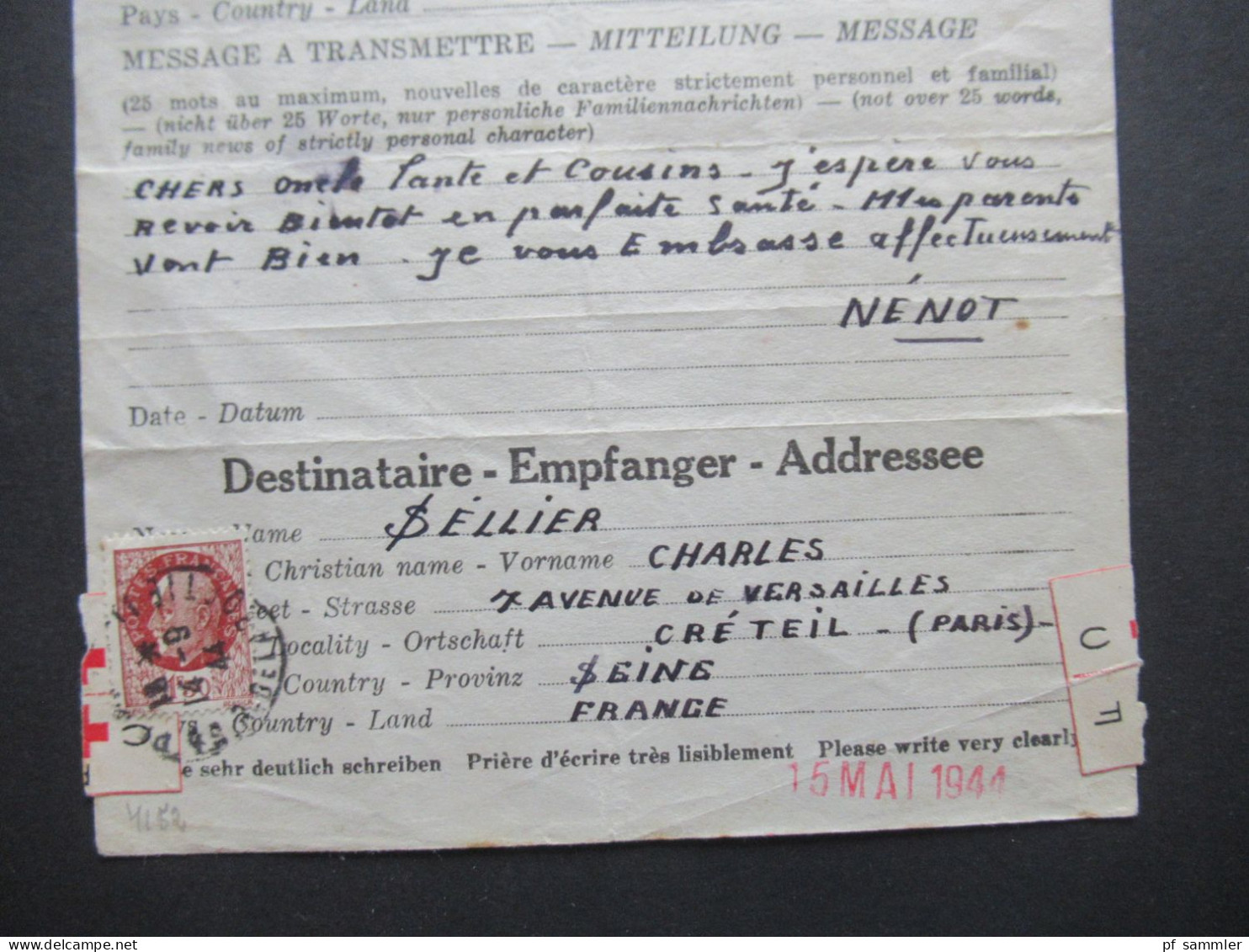 Frankreich 1944 Croix Rouge Geneve (schweiz) Anfragesteller / Demandeur / Verbleib In Algerien / Alger ?! Alger- Creteil - Briefe U. Dokumente