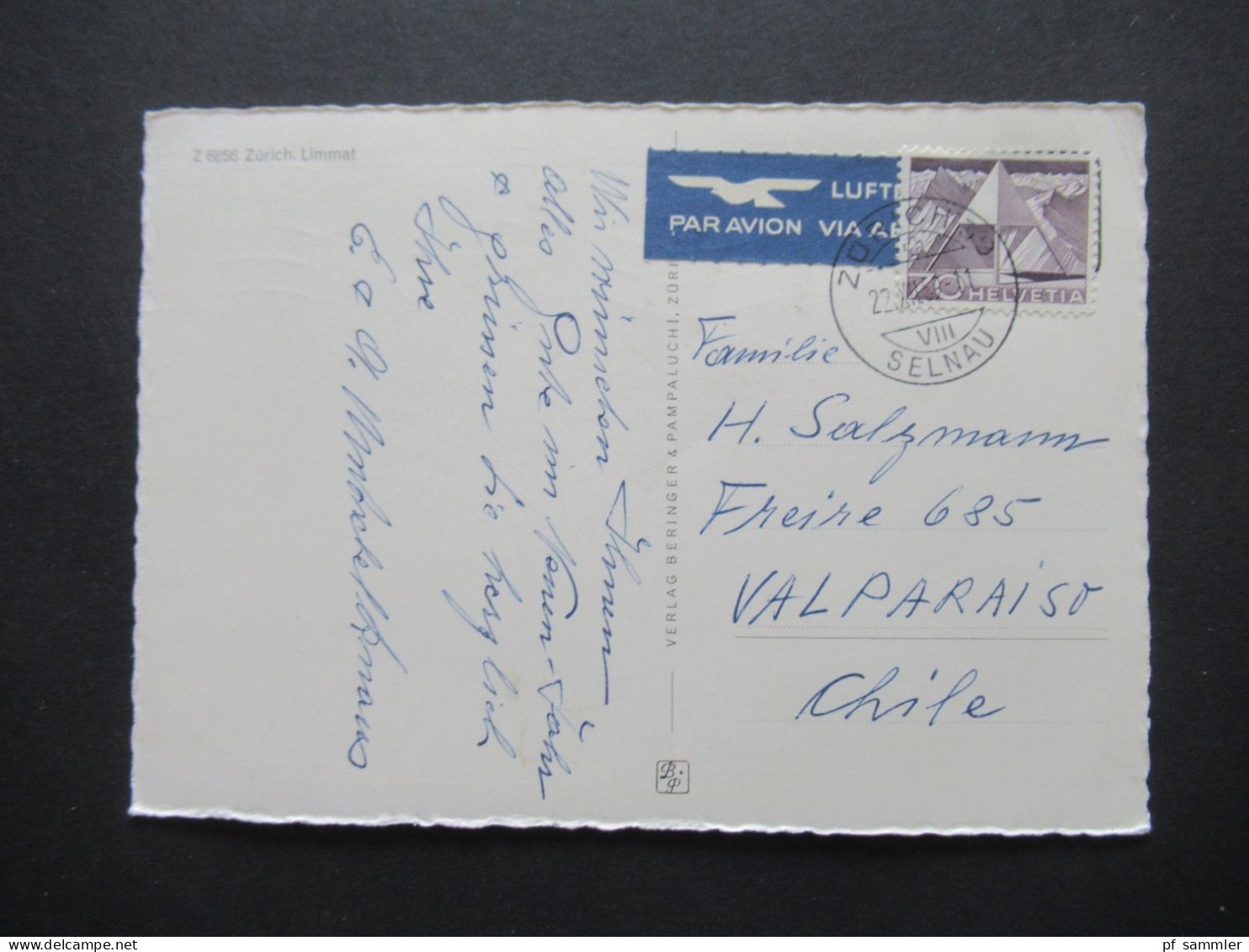 Schweiz 1959 AK Zürich Limmat Mit Luftpost Par Avion Nach Valparaiso Chile / Übersee - Covers & Documents