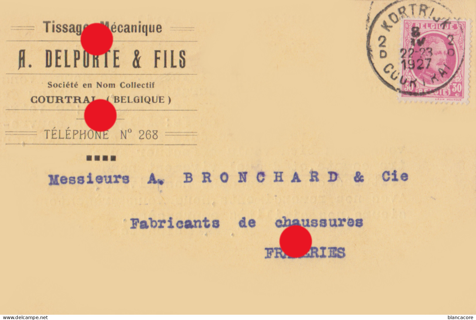 KORTRIJK 1927 Tissage Mécanique DELPORTE & Fils  1927  Carte Correspondance - Spa