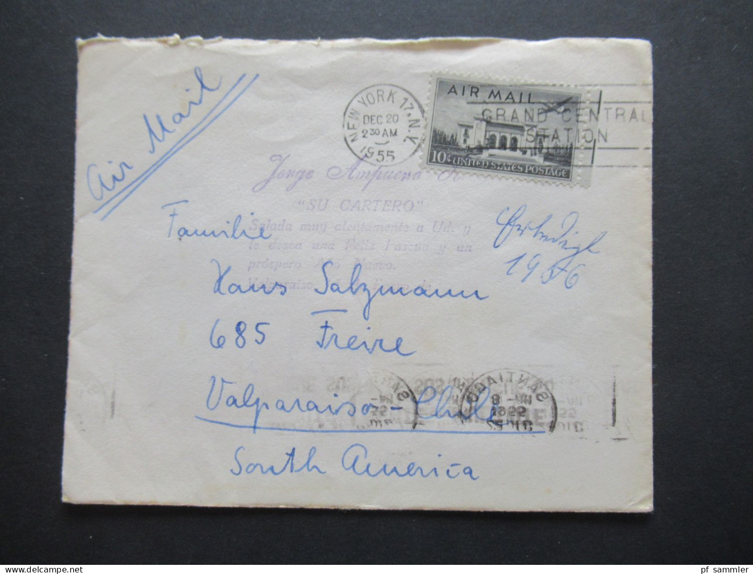 USA 1955  Mit Luftpost Air Mail Nach Valparaiso Chile / Übersee Mit Violettem Stempel Jorge Ampuero Su Cartero - Covers & Documents