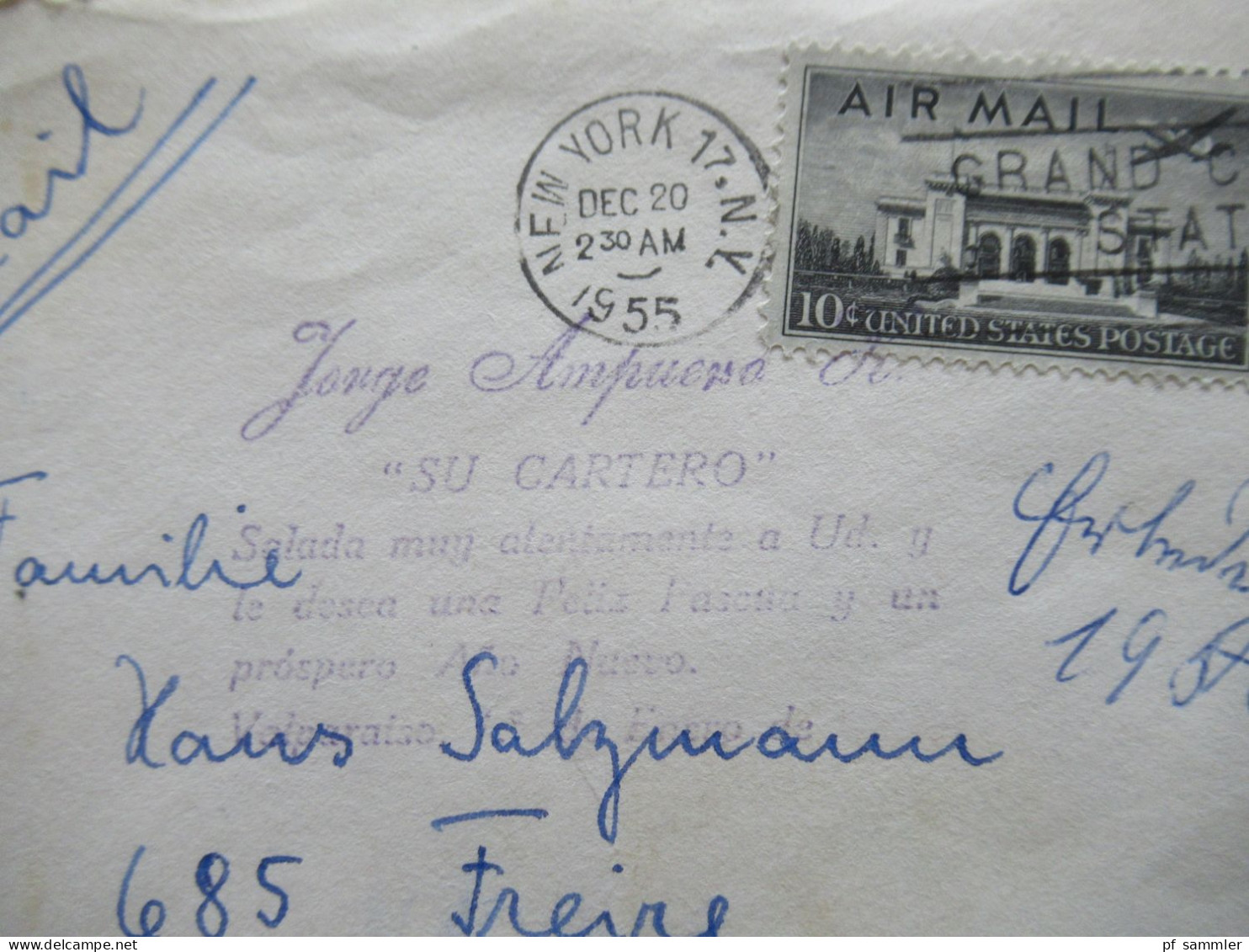 USA 1955  Mit Luftpost Air Mail Nach Valparaiso Chile / Übersee Mit Violettem Stempel Jorge Ampuero Su Cartero - Lettres & Documents
