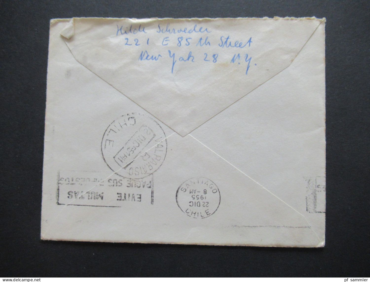 USA 1955  Mit Luftpost Air Mail Nach Valparaiso Chile / Übersee Mit Violettem Stempel Jorge Ampuero Su Cartero - Brieven En Documenten