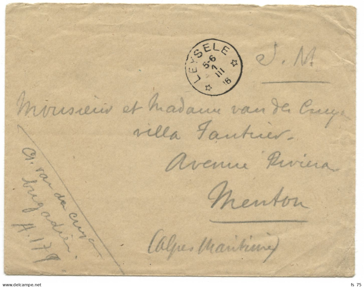 BELGIQUE - RELAIS LEYSELE SUR LETTRE D'UN MILITAIRE BELGE POUR MENTON, 1916 - Armada Belga