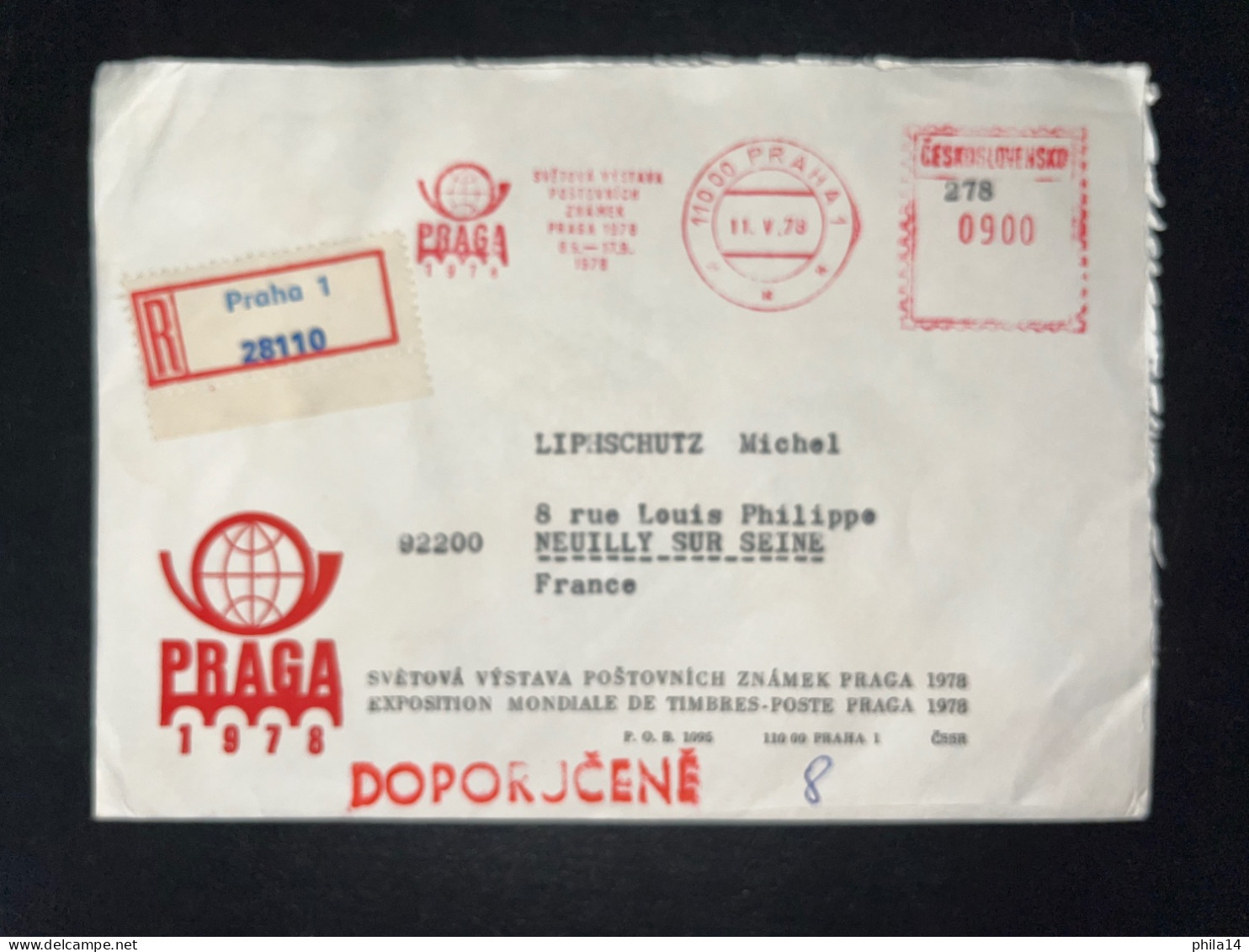 ENVELOPPE RECOMMANDEE TCHECOSLOVAQUIE / 1978 PRAHA POUR NEUILLY SUR SEINE - Covers & Documents