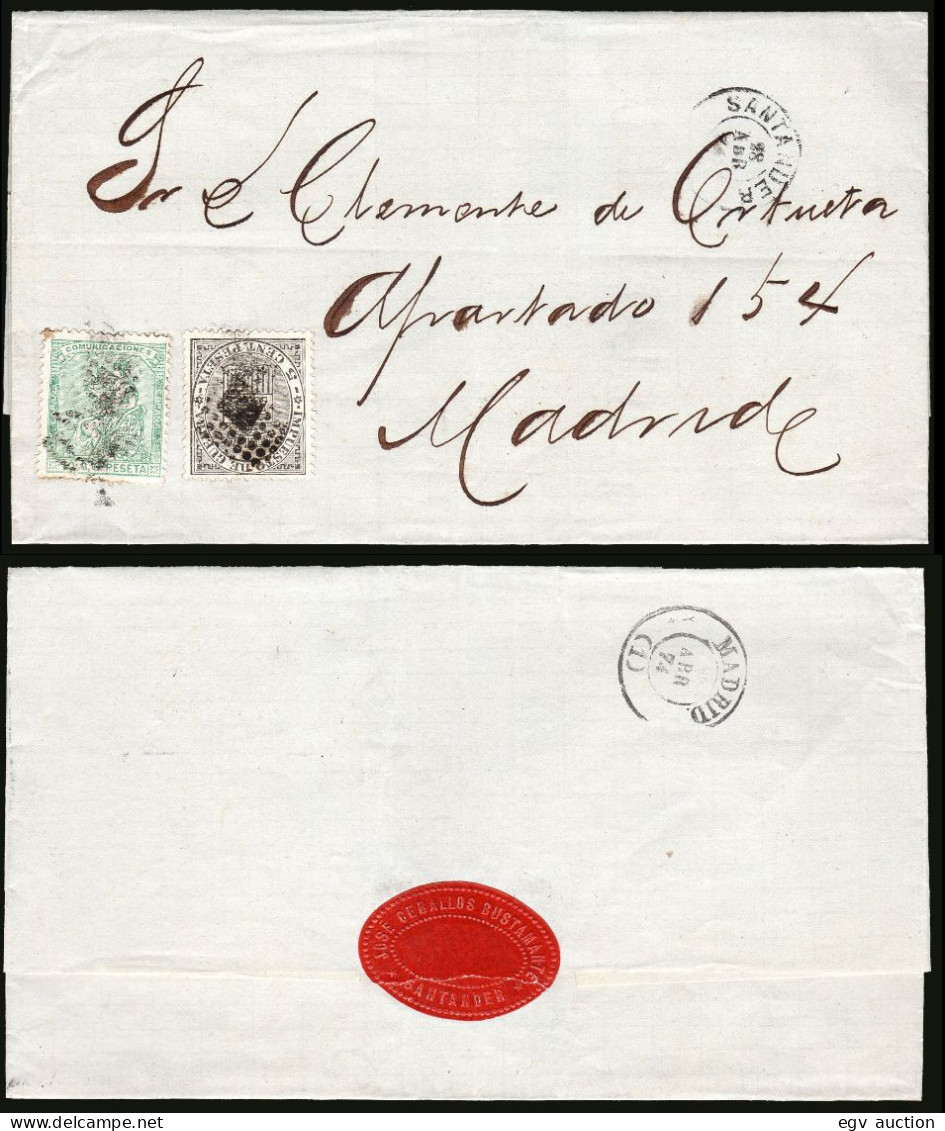 Cantabria - Edi O 133+141 - 1874 - Envuelta Con Etiqueta Cierre "José Ceballos" Mat "28/4/74" A Madrid - Cartas & Documentos