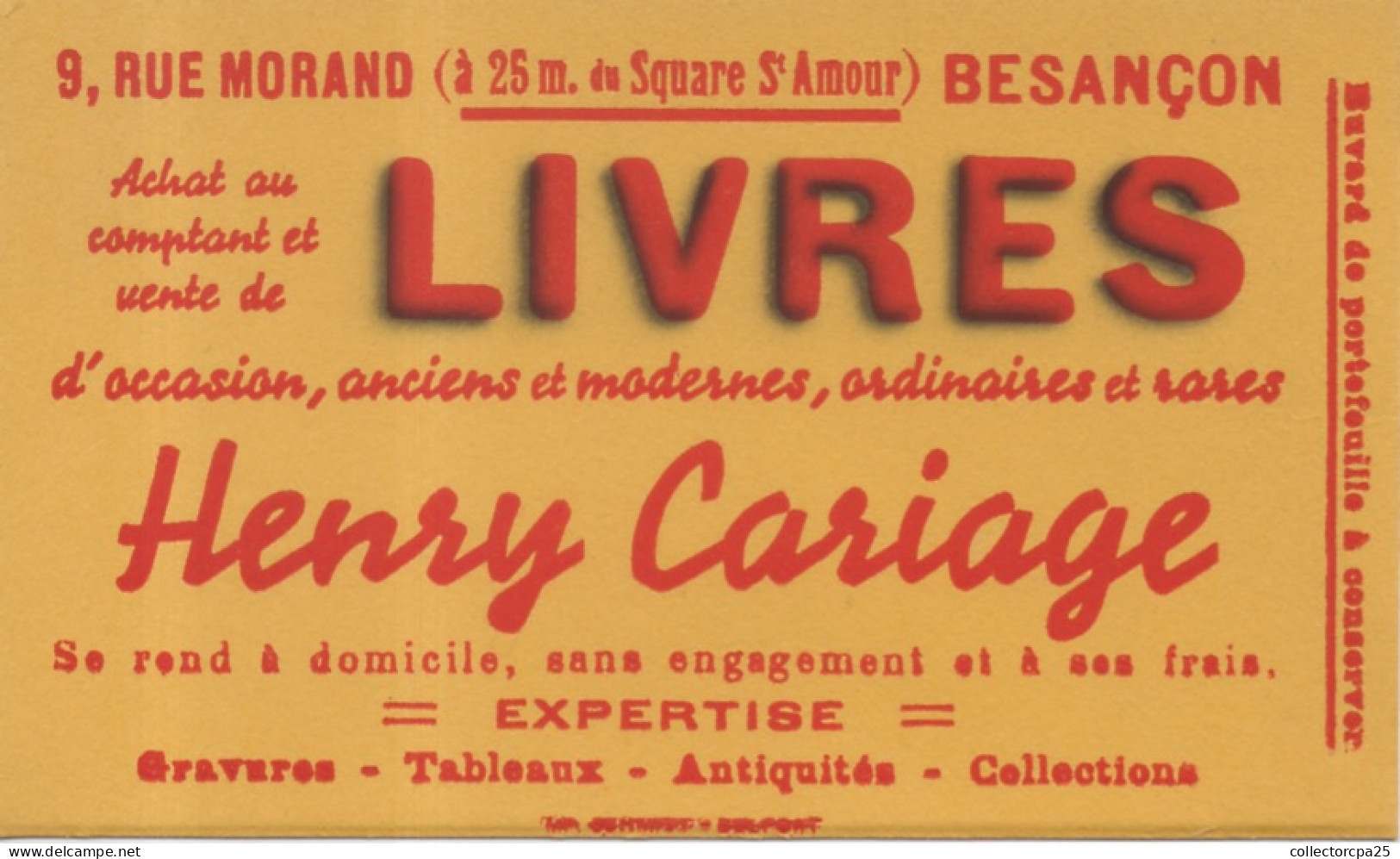 Buvard Livres Occasion Anciens Modernes Ordinaires Rares Henry Cariage 9 Rue Morand Besançon Gravures Tableaux Antiquité - L