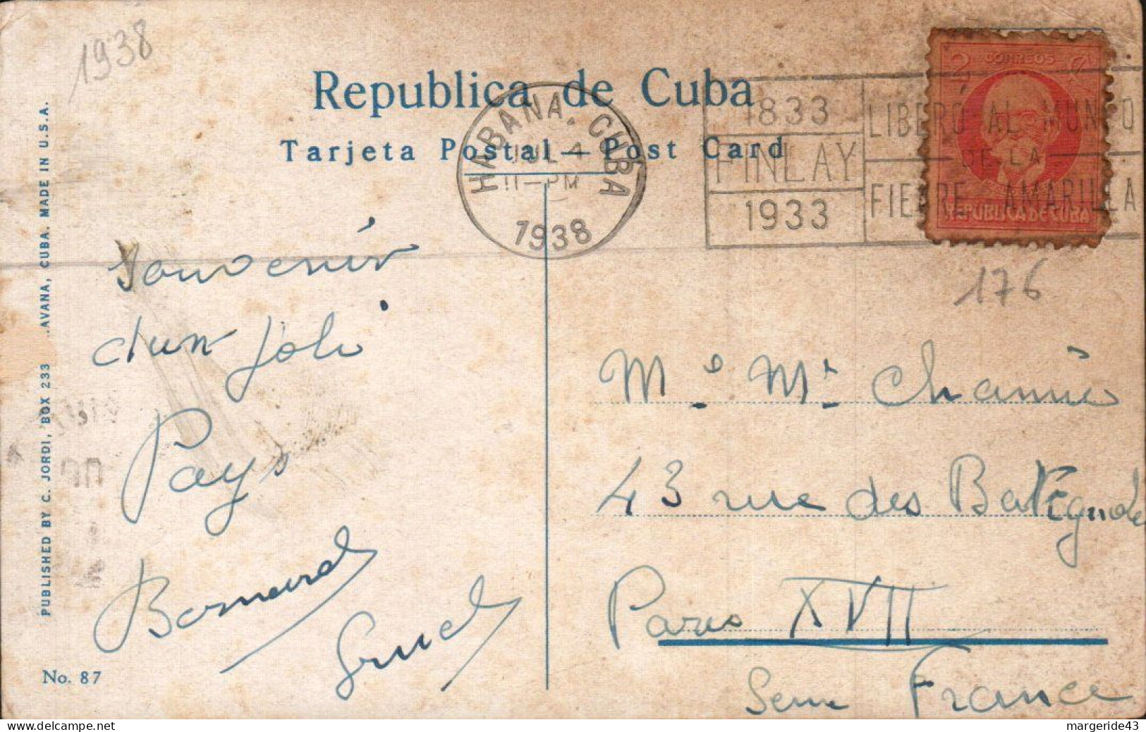 CUBA CARTE DE LA HAVANE POUR LA FRANCE 1938 - Briefe U. Dokumente