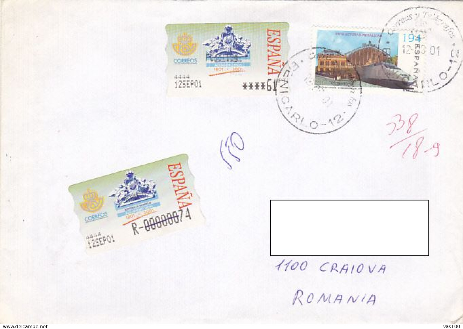 TRAINS, METALIC STRUCTURES, SCULPTURE, STAMPS ON REGISTERED COVER, 2001, SPAIN - Brieven En Documenten