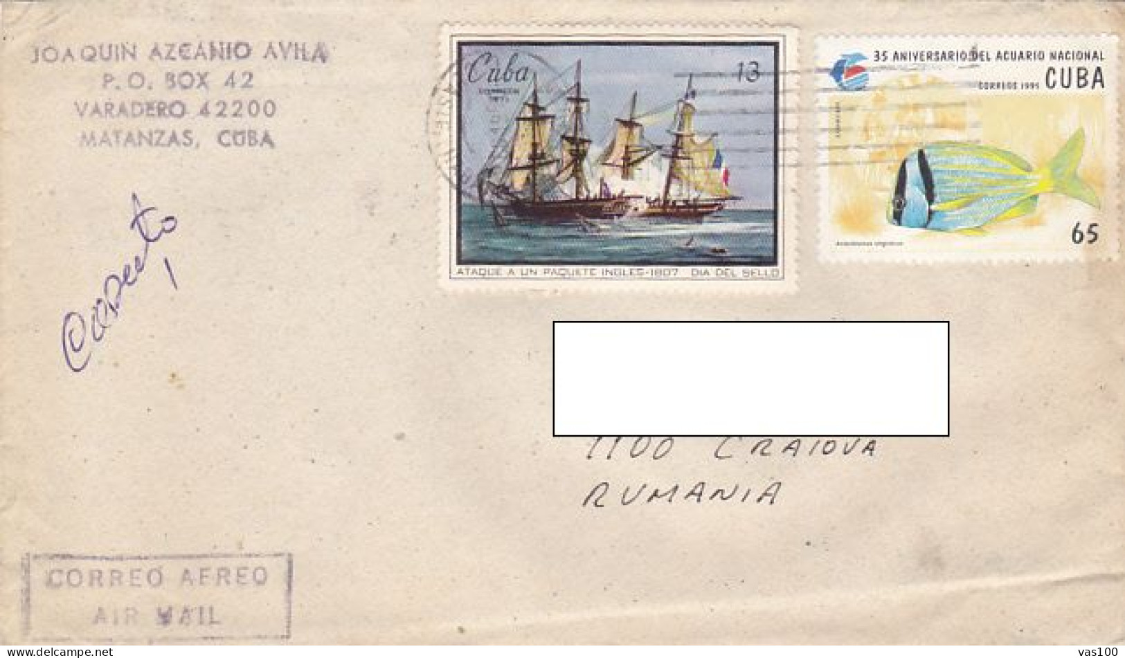 SHIP, FISH, STAMPS ON COVER, 1996, CUBA - Brieven En Documenten