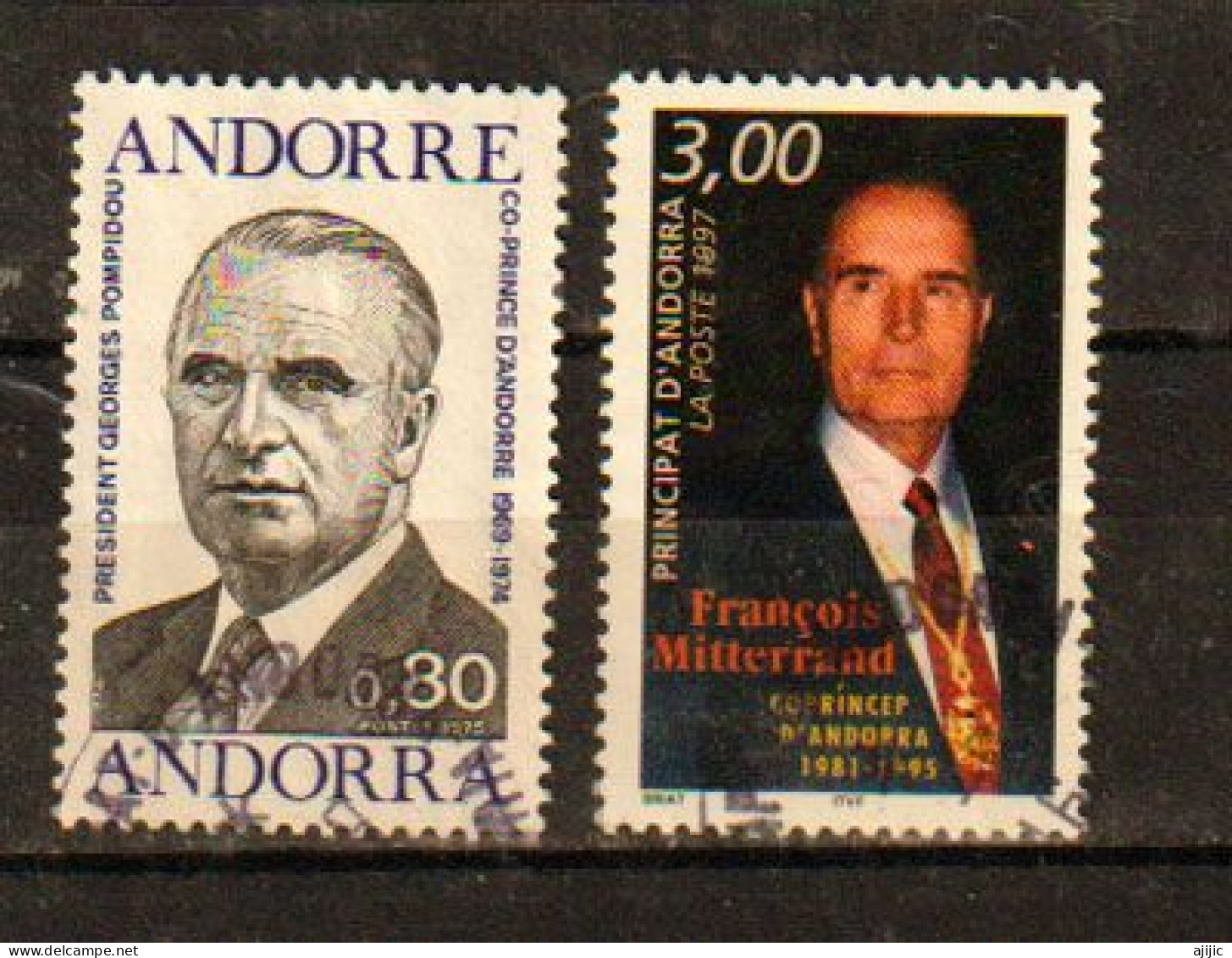 Les Co-Princes D'Andorre: Présidents Pompidou & Mitterrand.  2 Timbres Oblitérés , 1 ère Qualité - Oblitérés