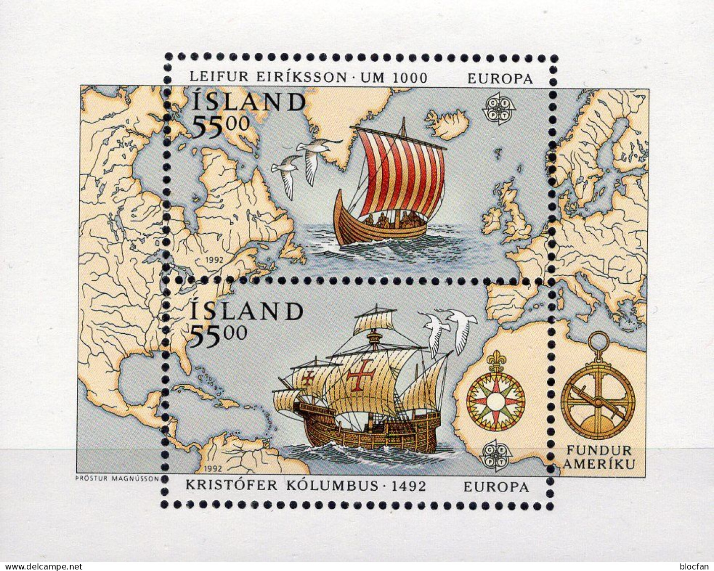 1992 Island 764/5, ZD+Bl.13 ** 28€ Landkarten Entdeckung Amerika Karavelle Seefahrer Kolumbus S/s Ship Se-tenant EUROPA - Other (Sea)