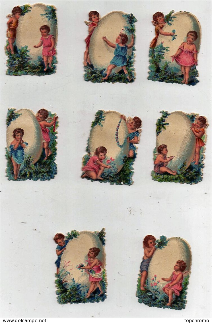 Petite CHROMO Découpis Enfants Filles Fillettes Oeuf De Pâques Fleurs (8 Chromos) - Enfants