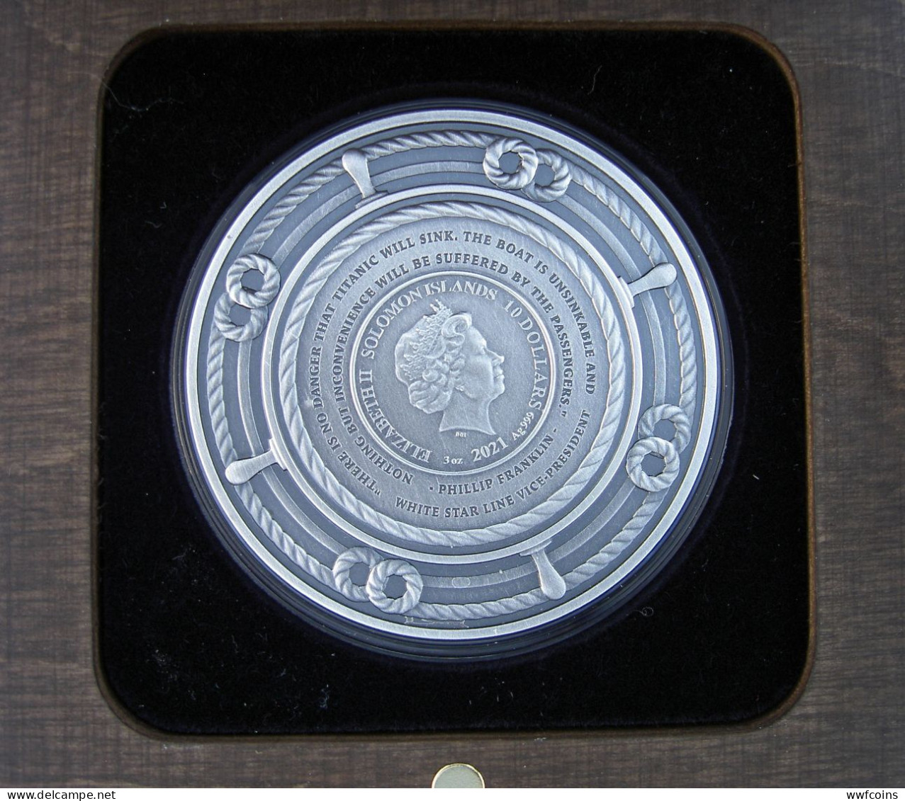 SOLOMON ISLANDS 10 $ 2021 ARGENTO 3 OZ 999 3D REMEMBERING RMS TITANIC WHITE STAR LINE VICE-PRESIDENT UNC ANTIQUE FINISH