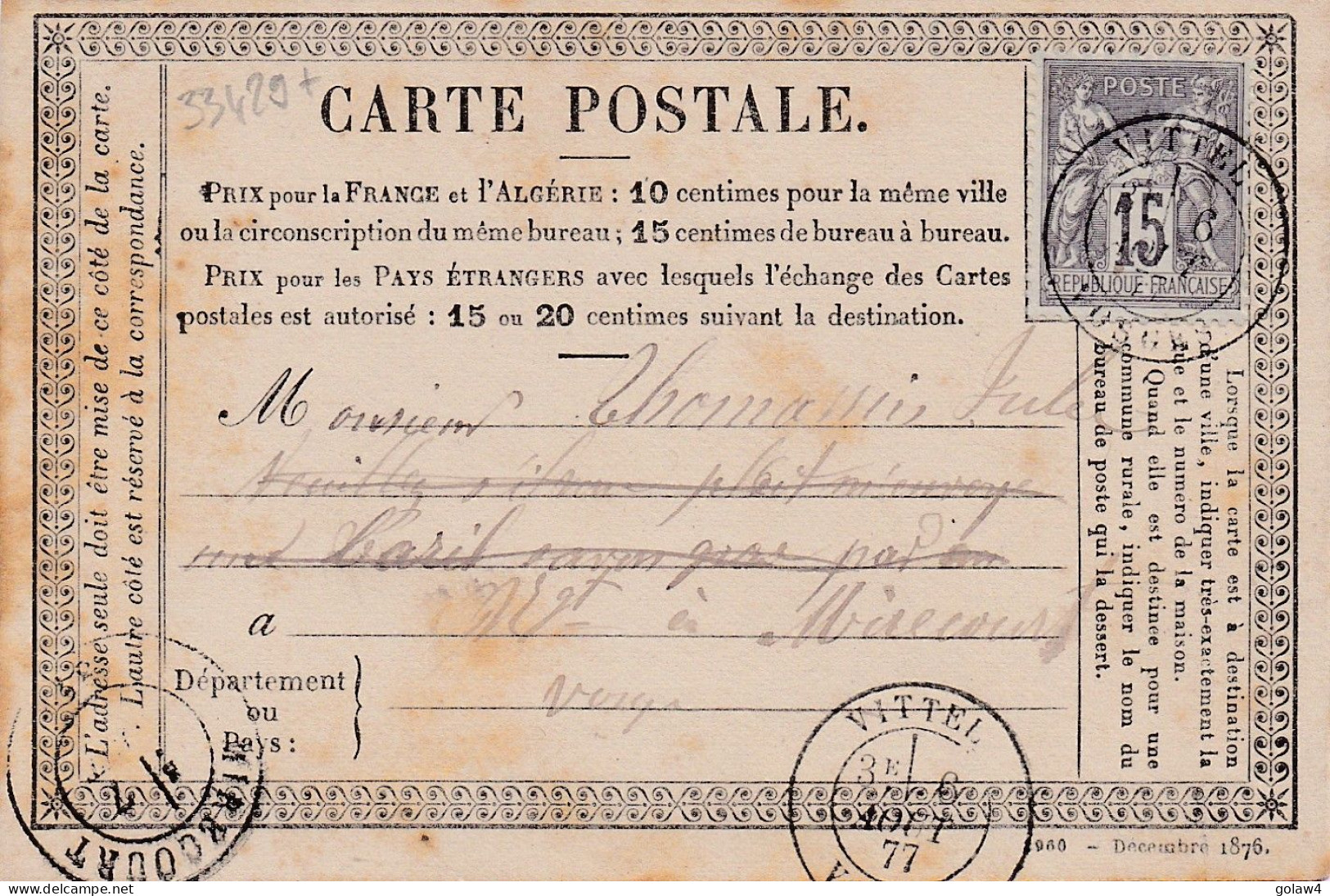 33429# SAGE CARTE PRECURSEUR Obl VITTEL VOSGES 1877 T18 Pour MIRECOURT VOSGES - Cartes Précurseurs