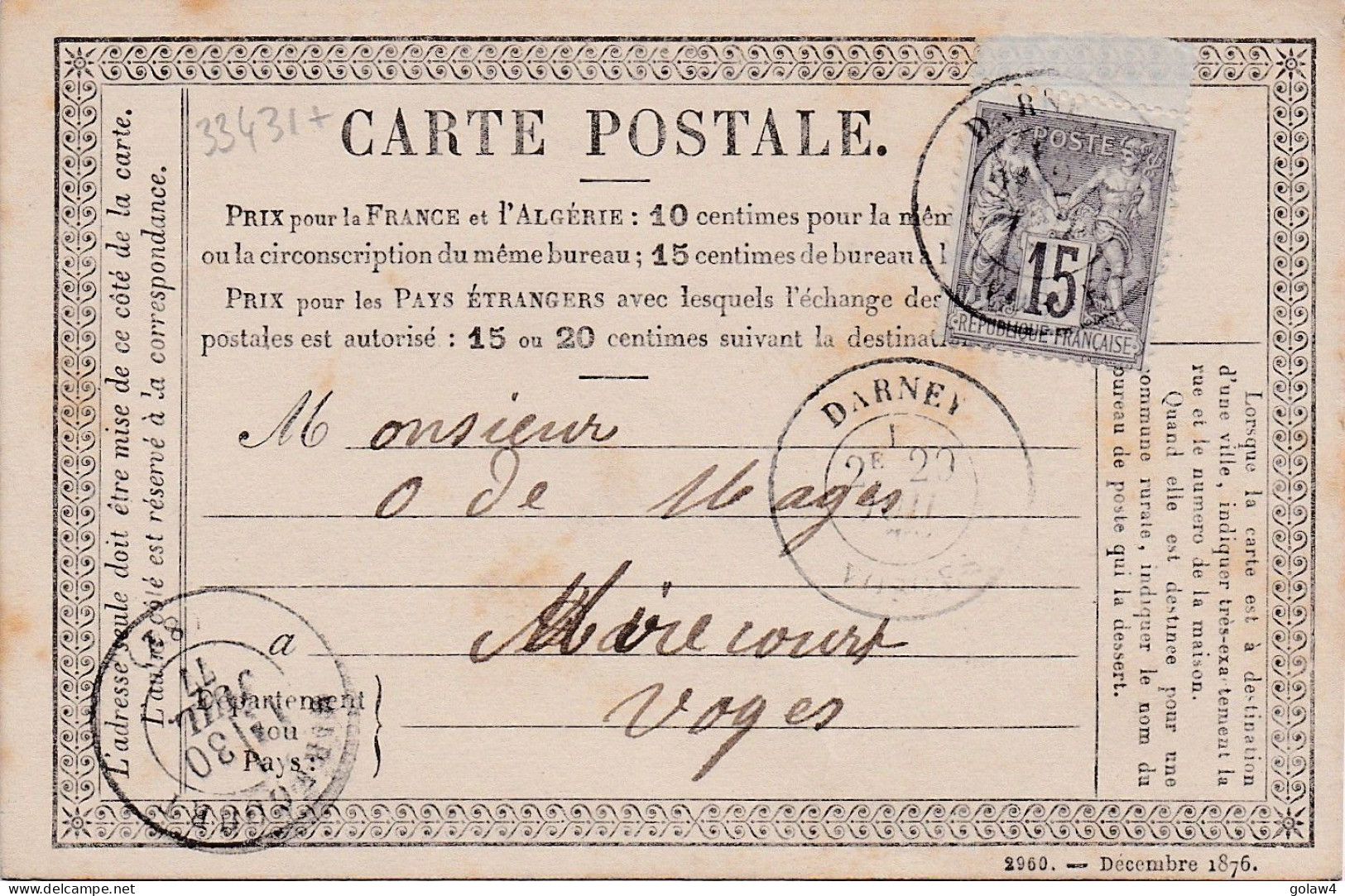 33431# SAGE BORD DE FEUILLE CARTE PRECURSEUR Obl DARNEY VOSGES 1877 T18 Pour MIRECOURT VOSGES - Cartes Précurseurs